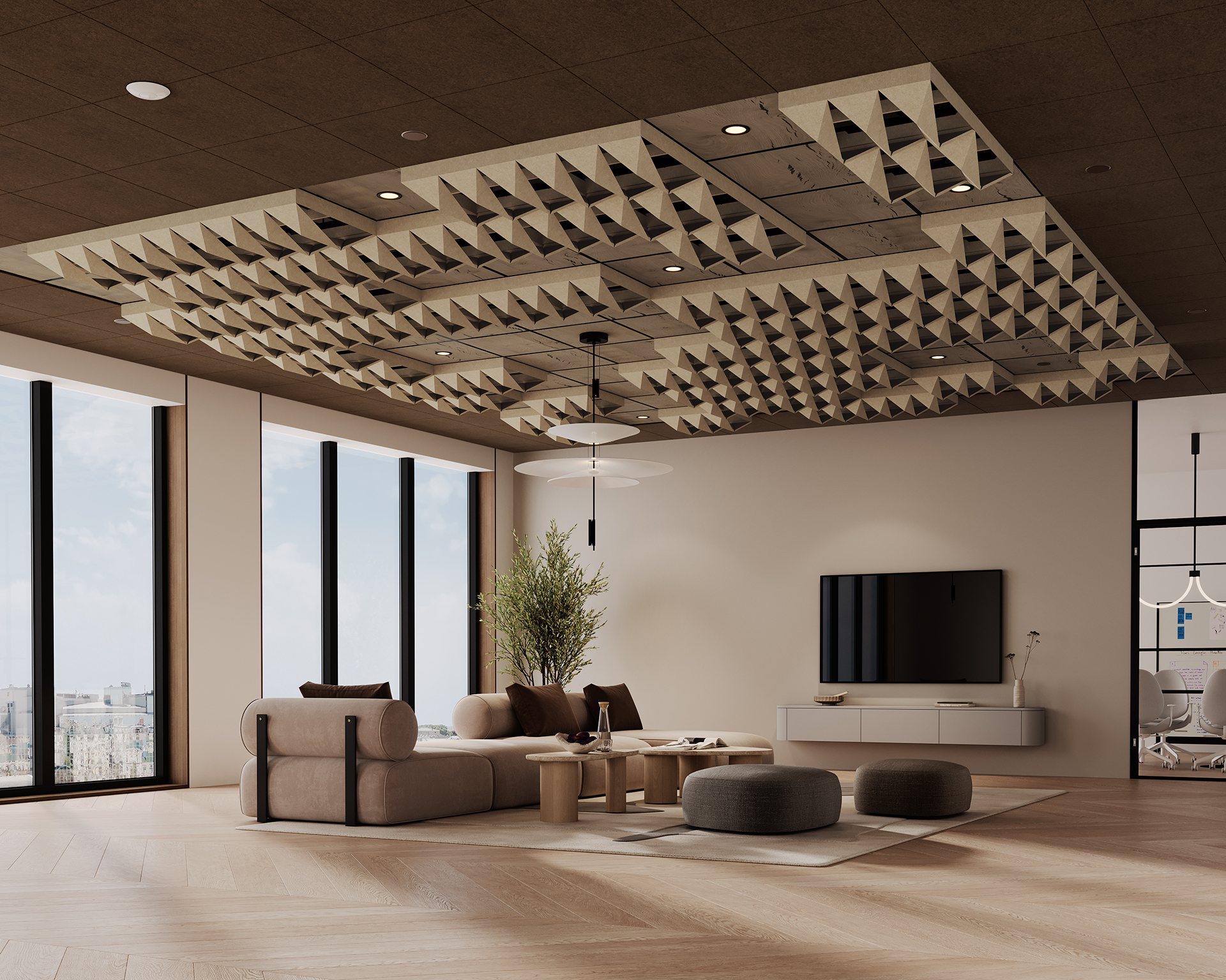 A modern living room with large windows, minimalist furniture, light wood floors, a wall-mounted TV, and a unique ceiling featuring geometric acoustic felt. A potted plant and city view add to the airy ambiance.