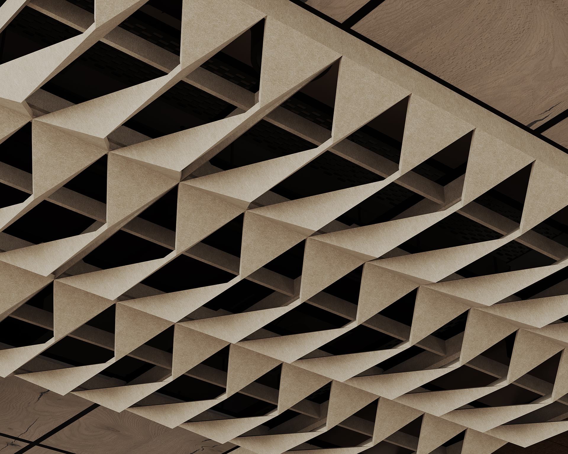 Geometric acoustic felt ceiling frame in a repeating diamond pattern, creating a three-dimensional, modern architectural design with intersecting lines and shadows.