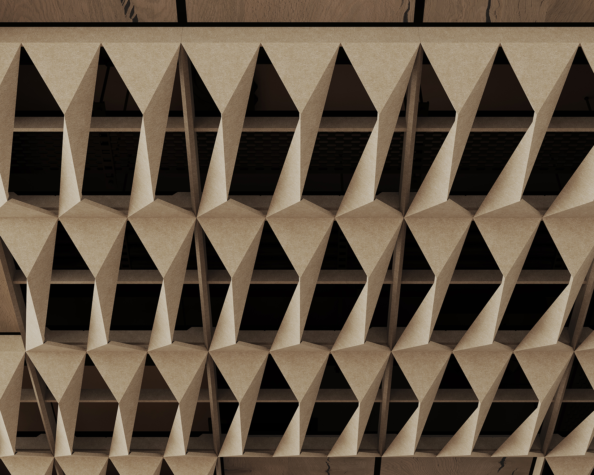Close-up of a geometric acoustic felt architectural ceiling featuring repeating diamond-shaped, three-dimensional wooden panels arranged in a grid pattern, creating a visually striking and textured surface.