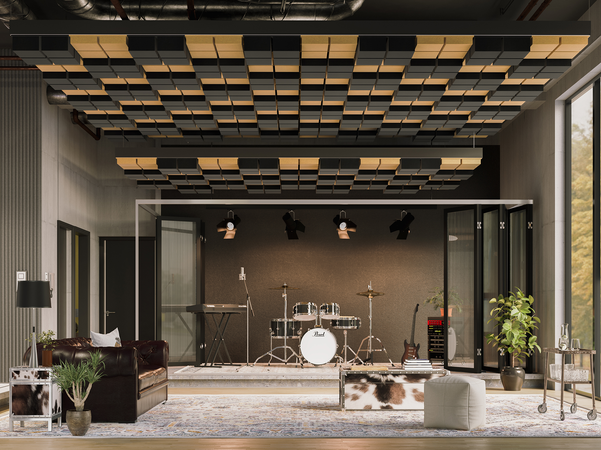 A modern music studio with a drum set, keyboard, amplifier, and microphone stand inside a glass-walled room. Acoustic frames cover the ceiling, and the space has a sofa, plants, and large windows.