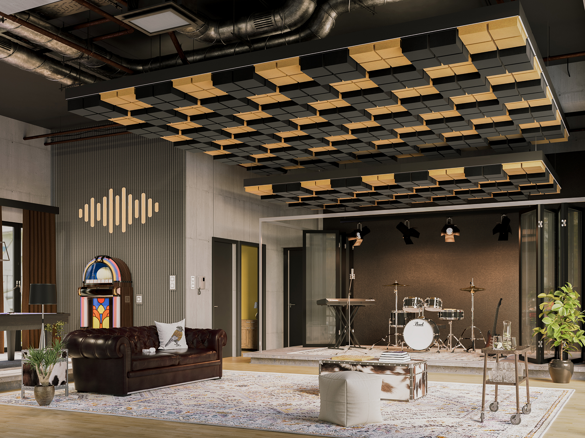 A modern music studio with a drum set, keyboard, and microphones on a stage, a brown leather sofa, a jukebox, and decorative acoustic frames on the ceiling. The space also features plants and a patterned rug.
