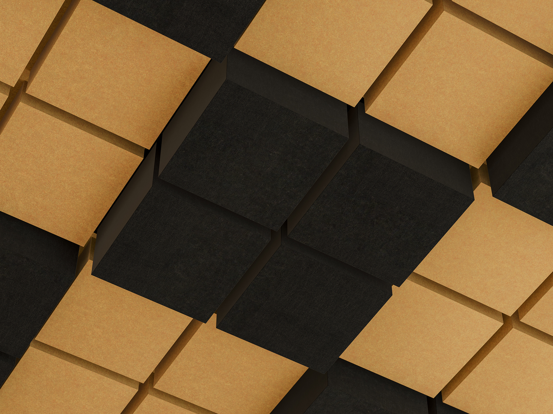 Abstract image of alternating black and brown acoustic felt rectangular blocks arranged in a diagonal grid pattern, creating a 3D geometric effect with shadowed gaps between the blocks.