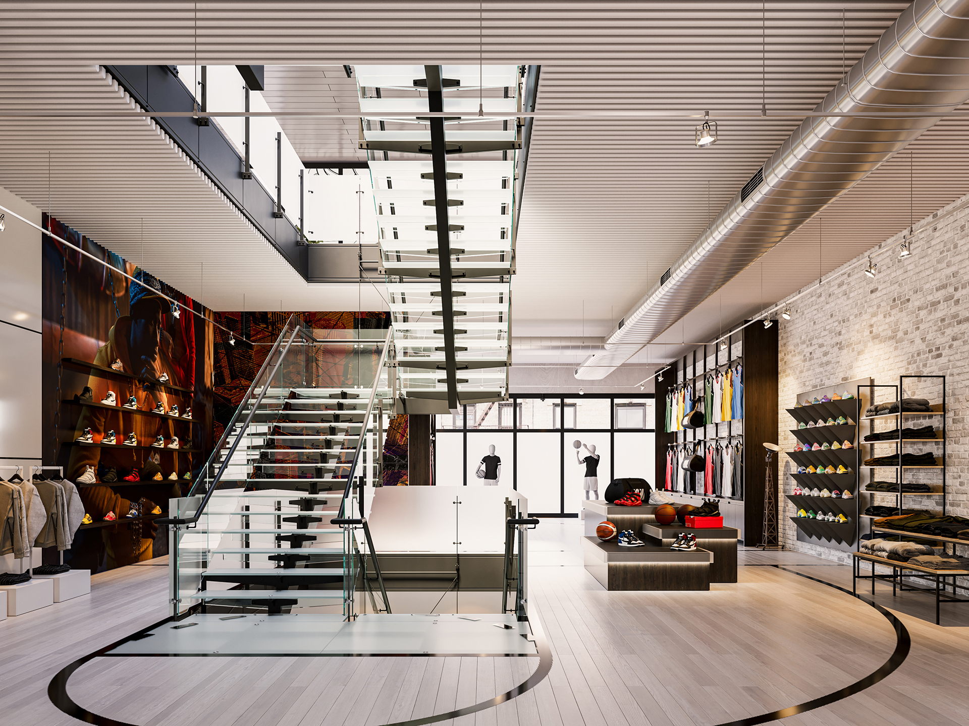 Modern sneaker and apparel store interior with a glass staircase, wall displays of shoes, clothing racks, and sports-themed decor. Large windows and bright lighting highlight the contemporary design.