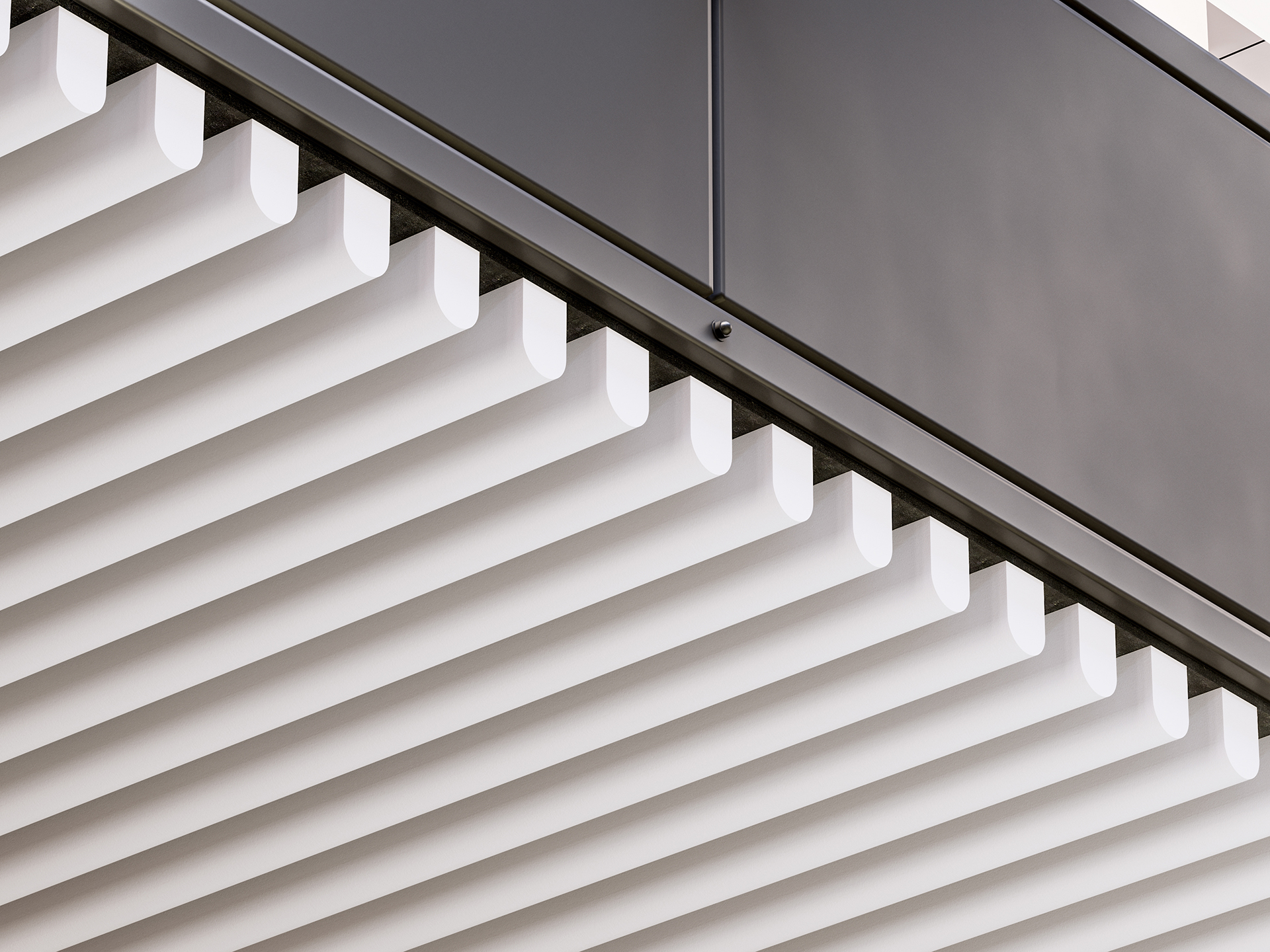 Close-up of a modern architectural detail showing evenly spaced, horizontal white acoustic felt slats beneath a smooth, dark overhang, creating a clean and geometric pattern.