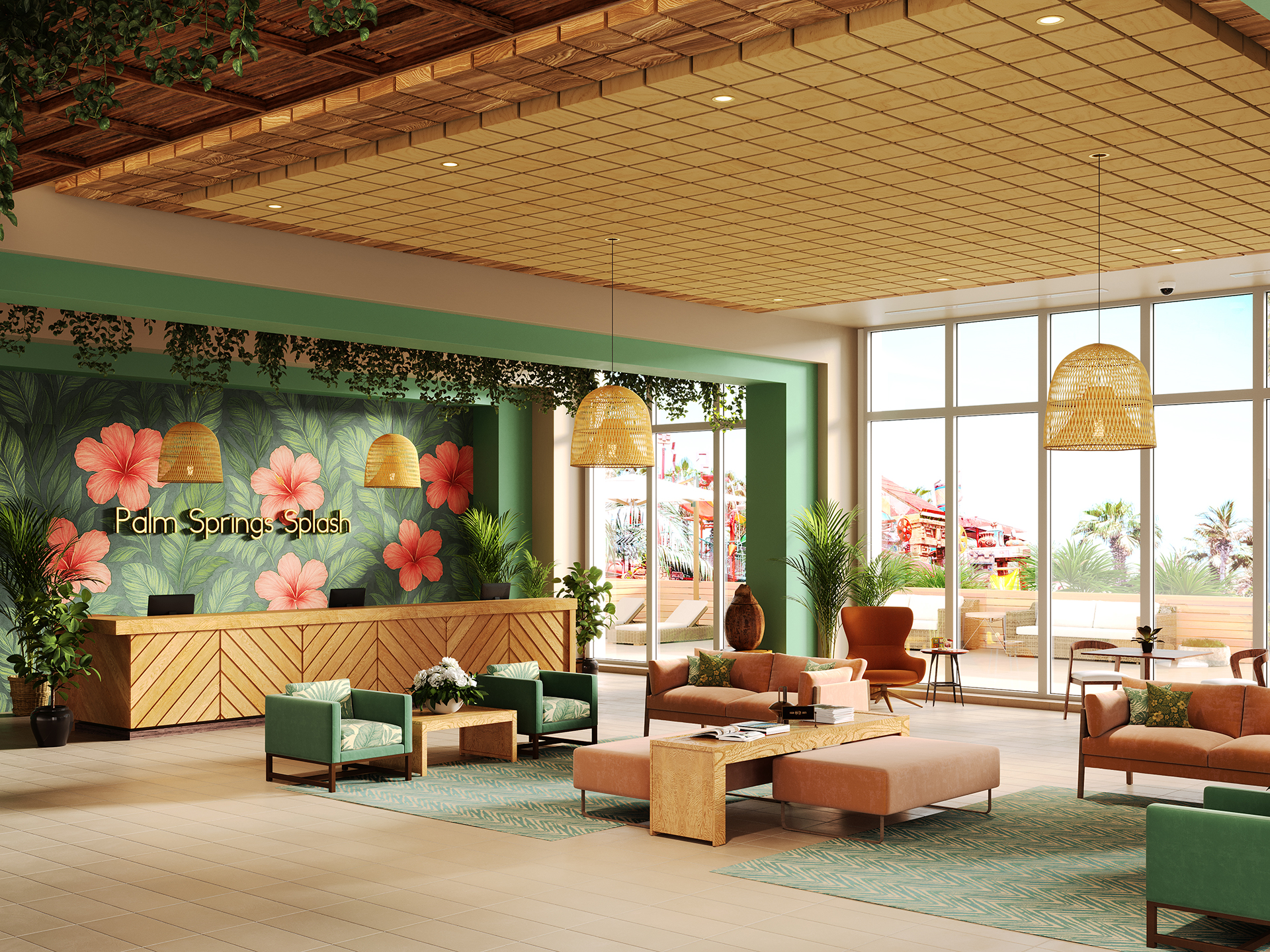 A bright hotel lobby with tropical decor, featuring a front desk, green and pink seating, potted plants, large windows, wicker lamps, and a mural of pink hibiscus flowers reading "Palm Springs Splash".