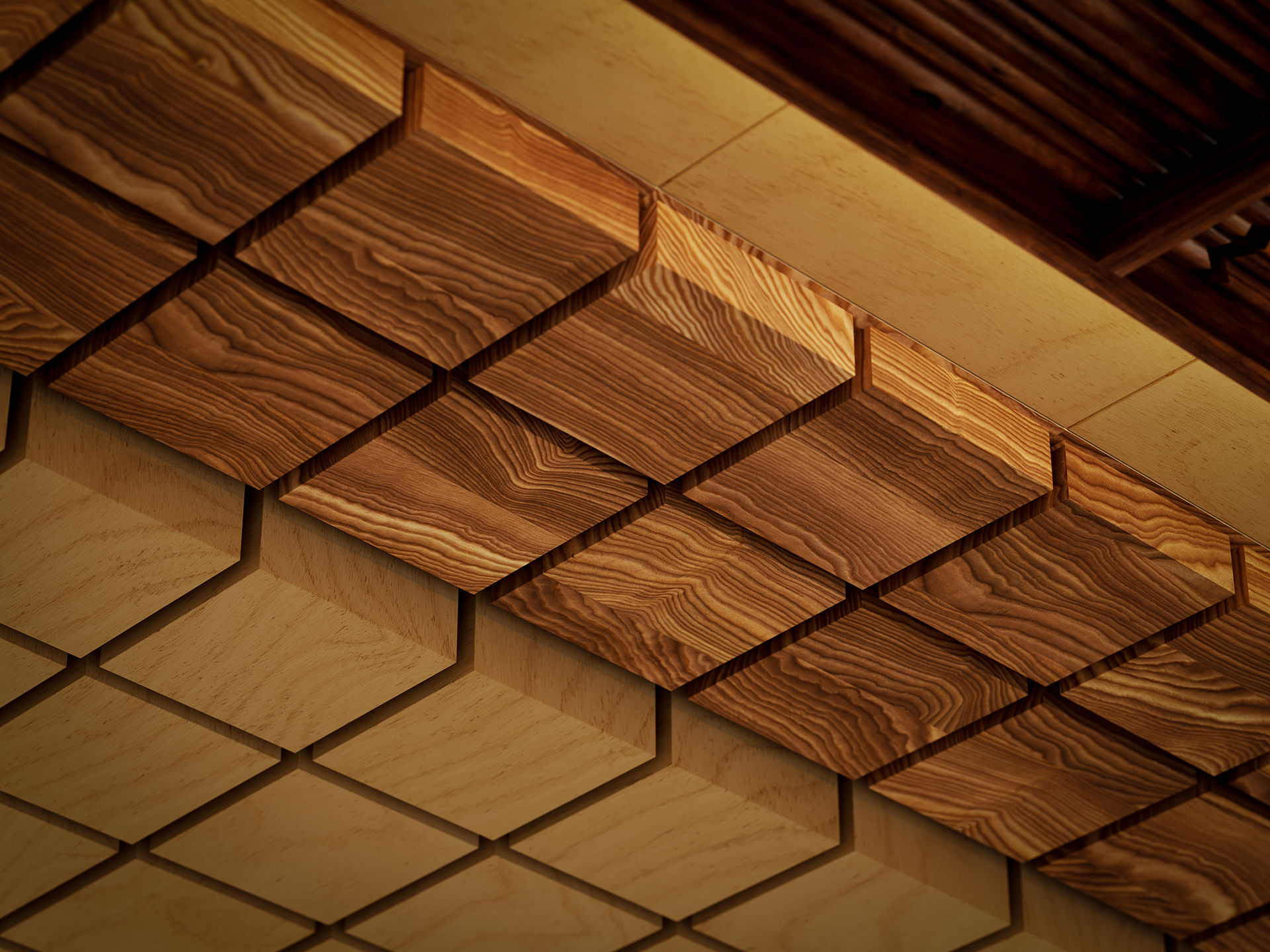 Close-up view of a woodgrain acoustic felt ceiling featuring square panels with natural wood grain patterns, arranged in a geometric, grid-like design. Warm lighting highlights the texture and depth of the wood.