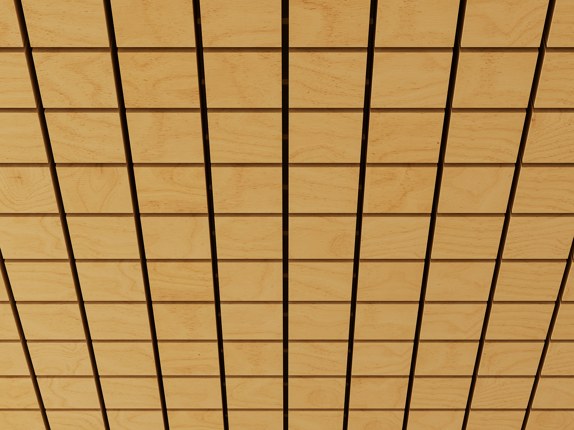 An acoustic felt ceiling with a grid pattern made of light wood panels intersected by thin, dark lines, creating evenly spaced squares.