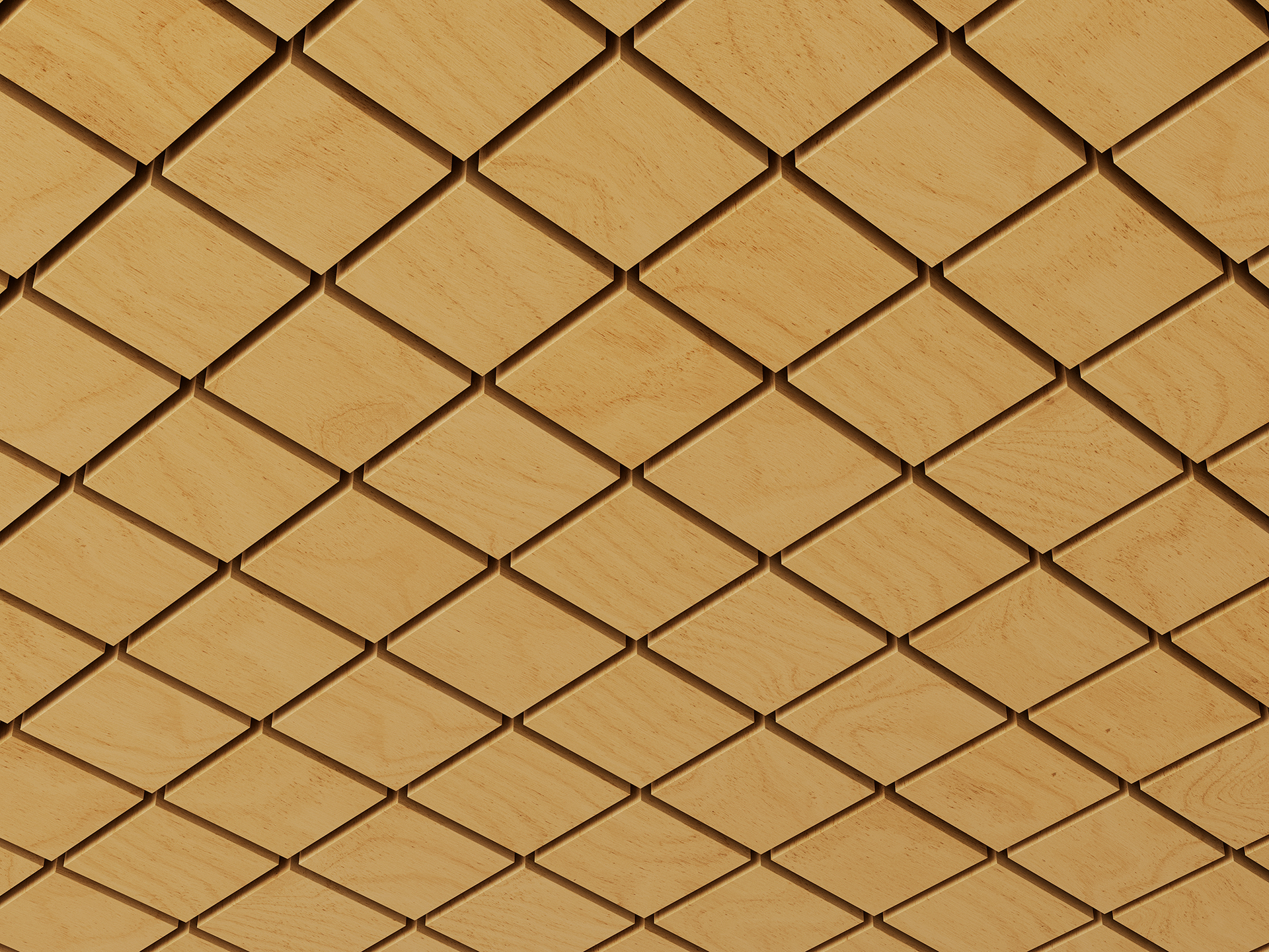 Close-up of a geometric woodgrain acoustic felt ceiling with square tiles arranged diagonally in a diamond pattern, creating a three-dimensional, textured appearance. The wood has a light, natural finish.