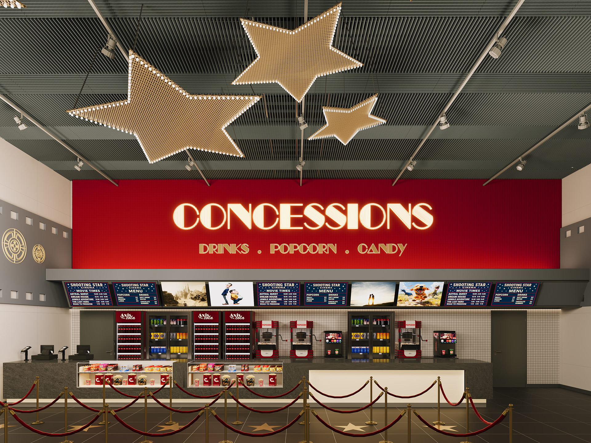 A movie theater concession stand with a red "CONCESSIONS" sign, digital menu screens, snack and drink machines, and star-shaped ceiling lights. Velvet ropes form a queue in front of the counter.
