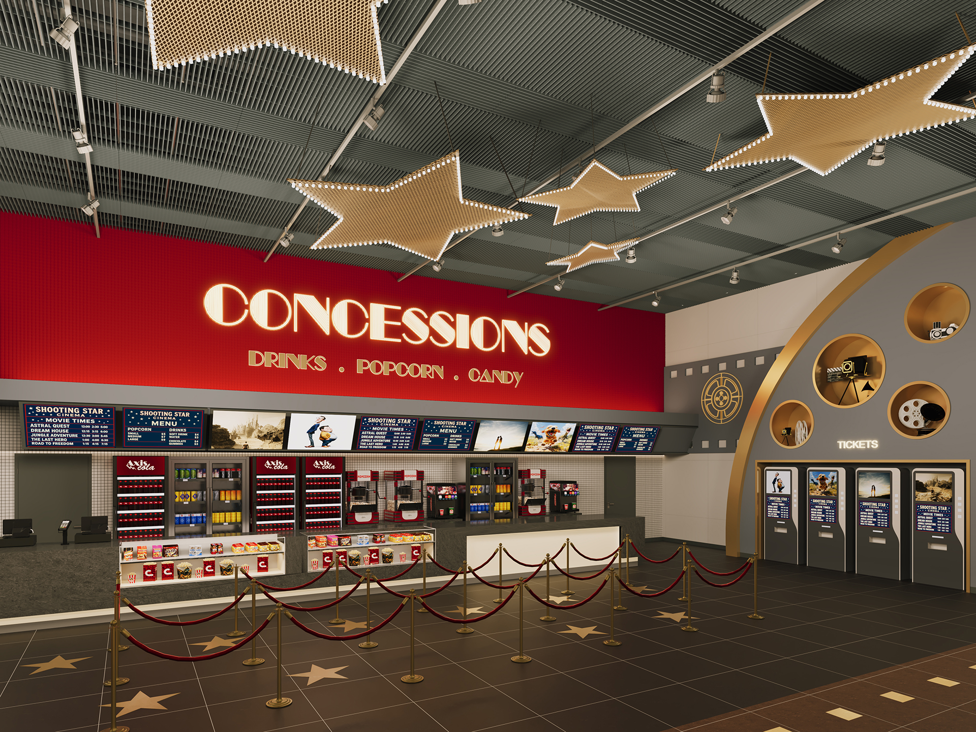 A brightly lit movie theater concession stand with a red and gold "CONCESSIONS" sign, snacks and drinks on the counter, popcorn machines, and decorative star lights hanging from the ceiling.