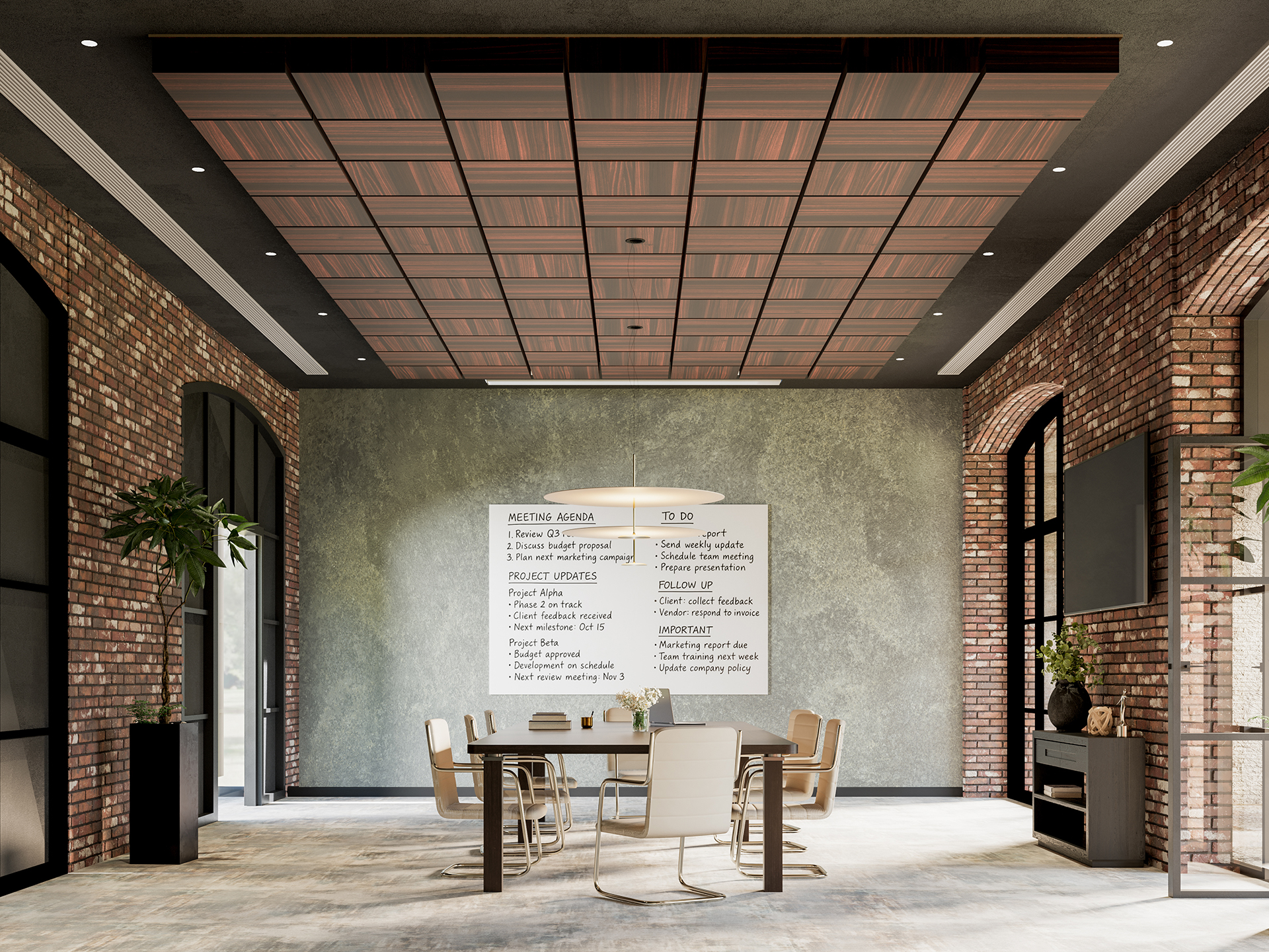 A modern meeting room with exposed brick walls, large windows, potted plants, and a rectangular table surrounded by six chairs. A whiteboard on the back wall displays an agenda and to-do list and the space is framed with an acoustic felt ceiling.