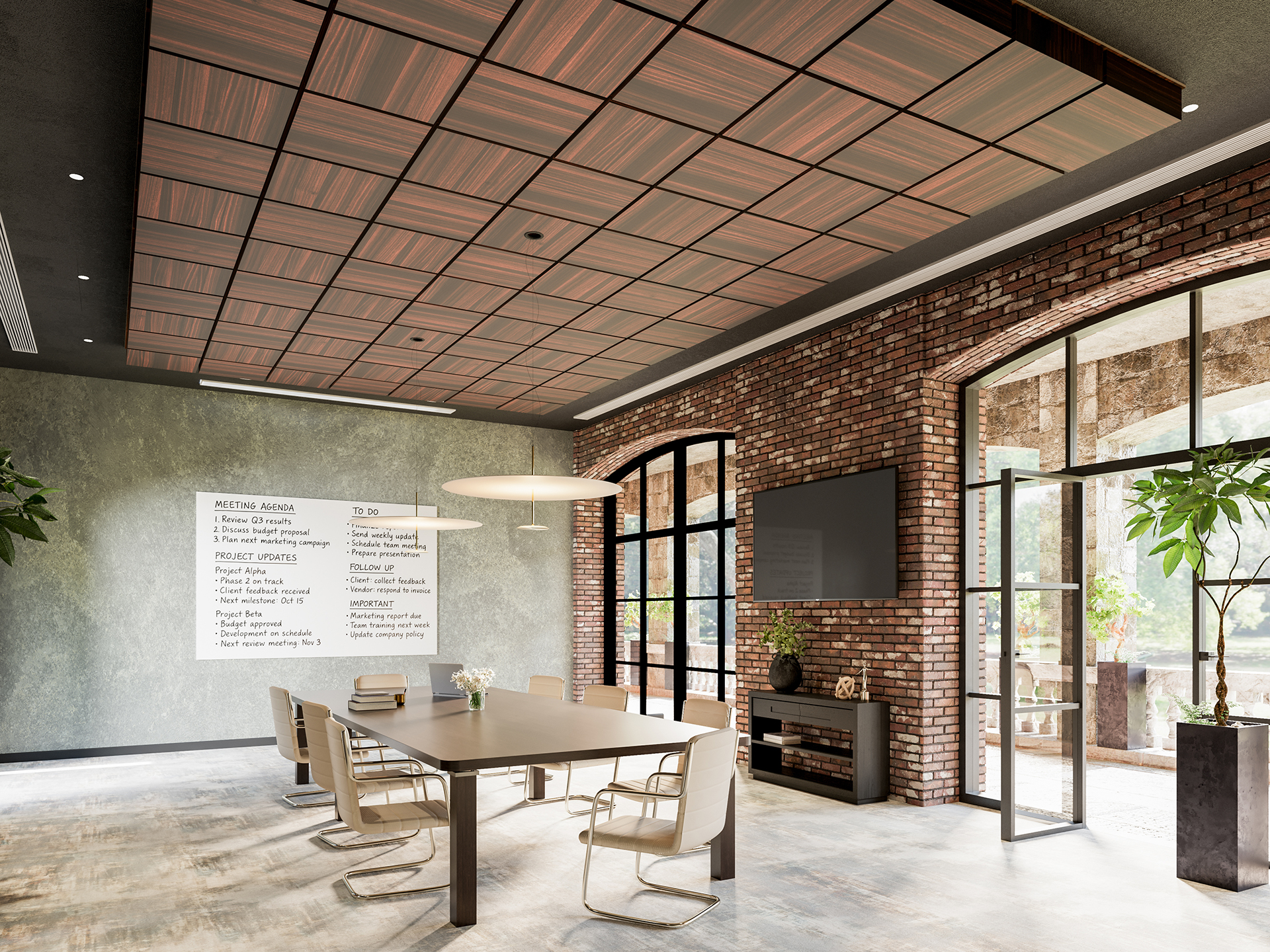 Modern meeting room with a rectangular table, six chairs, brick walls, large windows, plants, a wall-mounted TV, and a whiteboard displaying meeting notes and a to-do list. Natural light fills the space, which is framed by an acoustic felt ceiling.