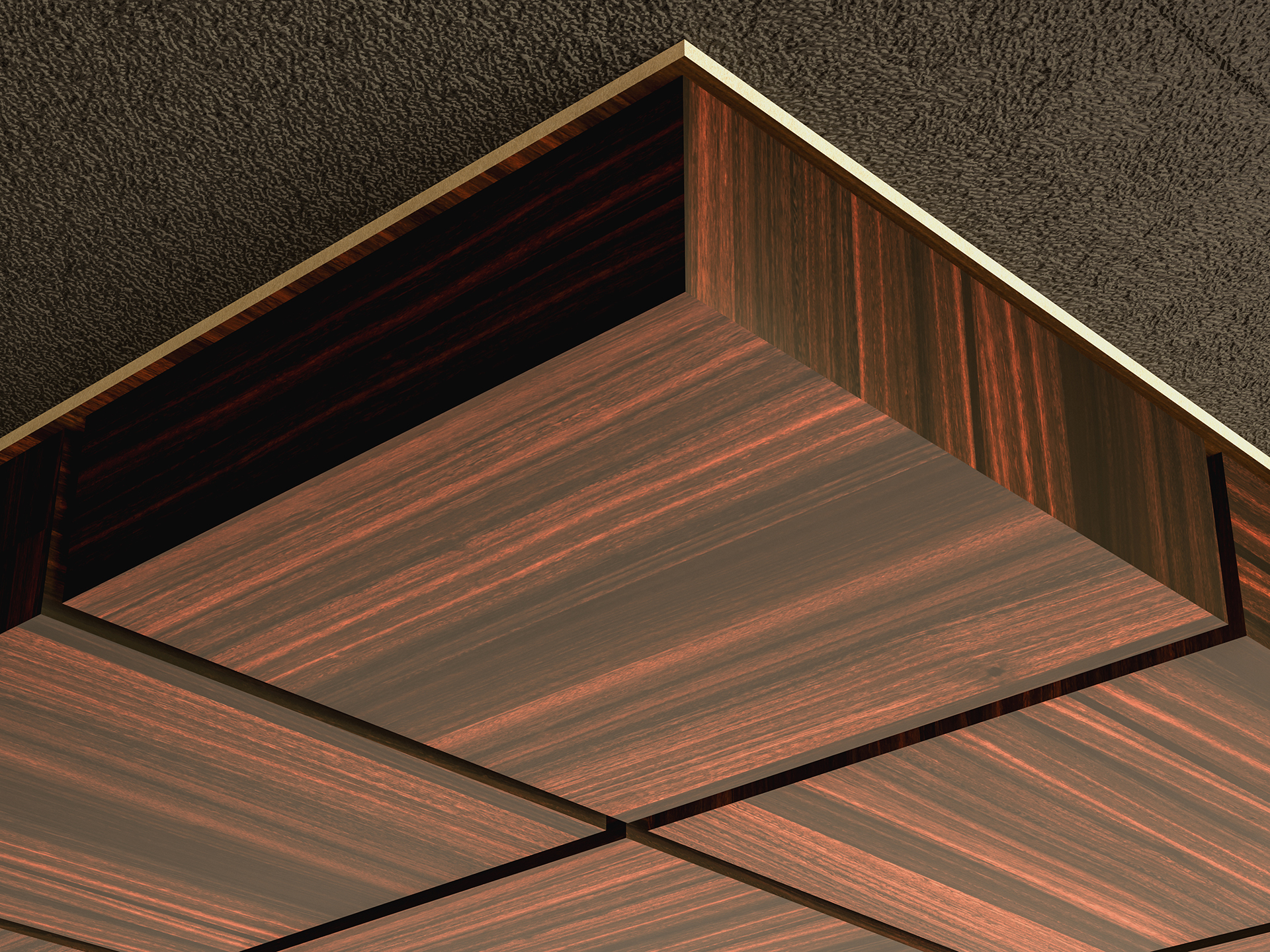 A close-up view of a modern acoustic felt ceiling design featuring square wooden panels with dark and light brown stripes, set against a textured dark ceiling. The wood has a polished, reflective finish.