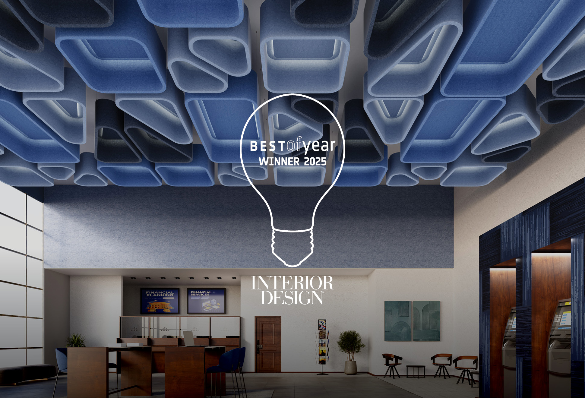 Modern office lobby with unique blue geometric ceiling panels, a large desk, chairs, and tall windows. Overlaid text reads "Best of Year Winner 2025, Interior Design" within a lightbulb graphic.