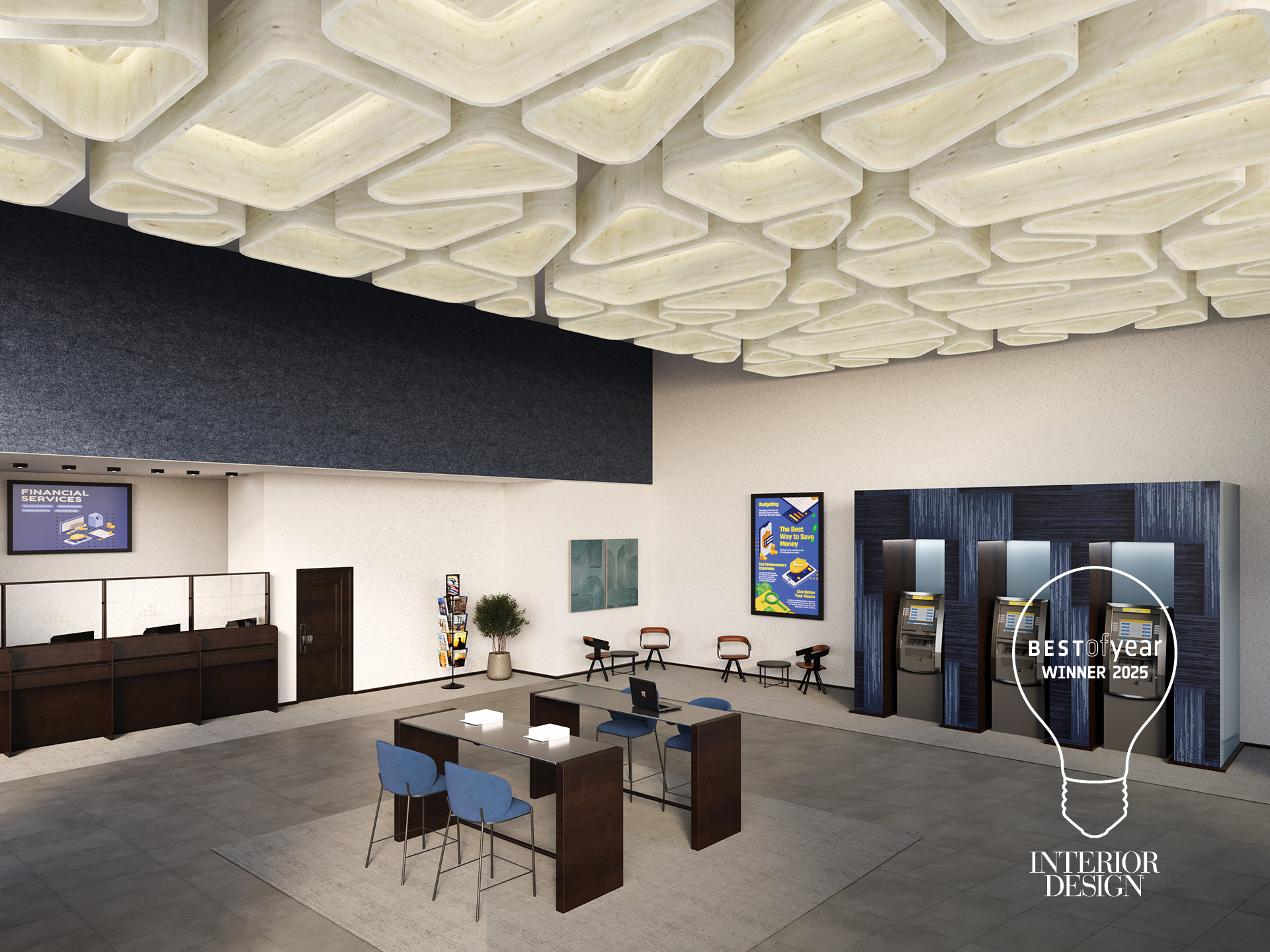Modern bank lobby with unique geometric ceiling lights, ATM machines, seating area, and a "Best of Year Winner 2023" award logo from Interior Design magazine in the bottom right corner.