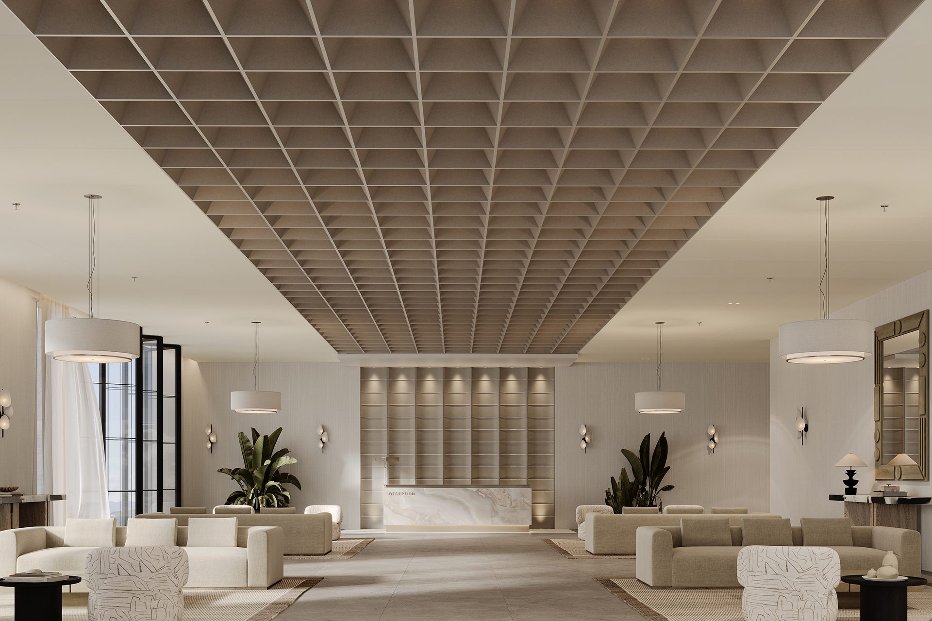 A modern, spacious hotel lobby with neutral tones, geometric acoustic felt ceiling panels, a marble reception desk, minimalist seating areas, large plants, pendant lights, and wall sconces. The space feels open and inviting.