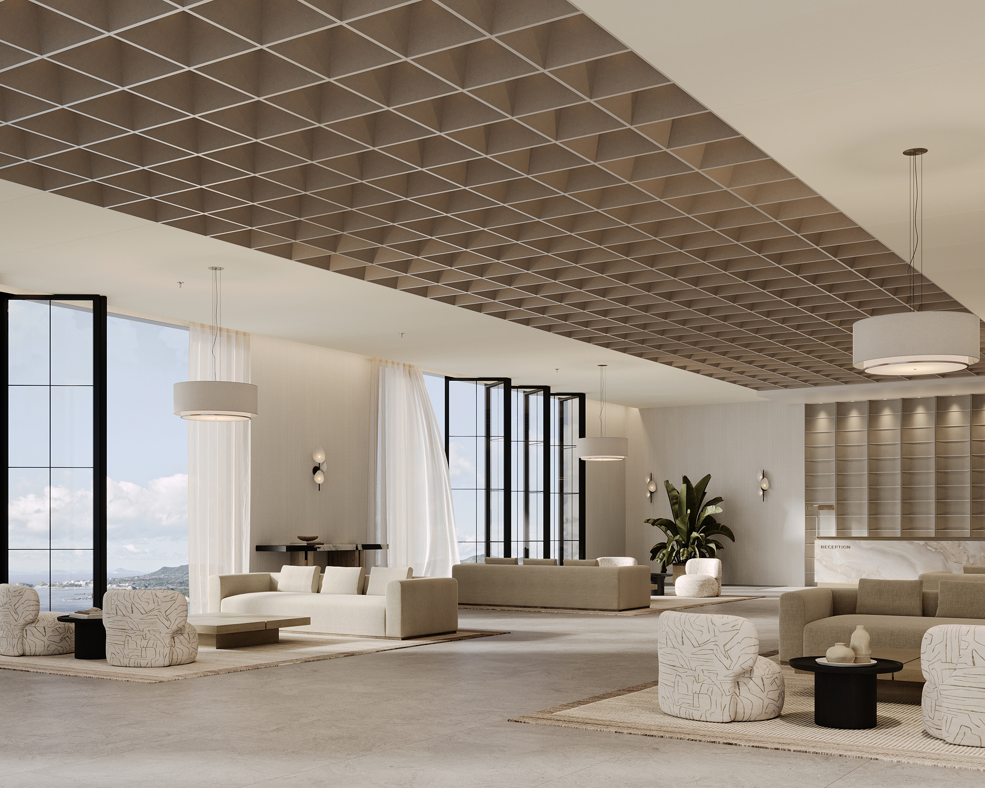 Spacious, modern hotel lobby with large windows, neutral-toned furniture, geometric acoustic felt ceiling design, round pendant lights, indoor plants, and a reception desk in the background. Natural light fills the open space.