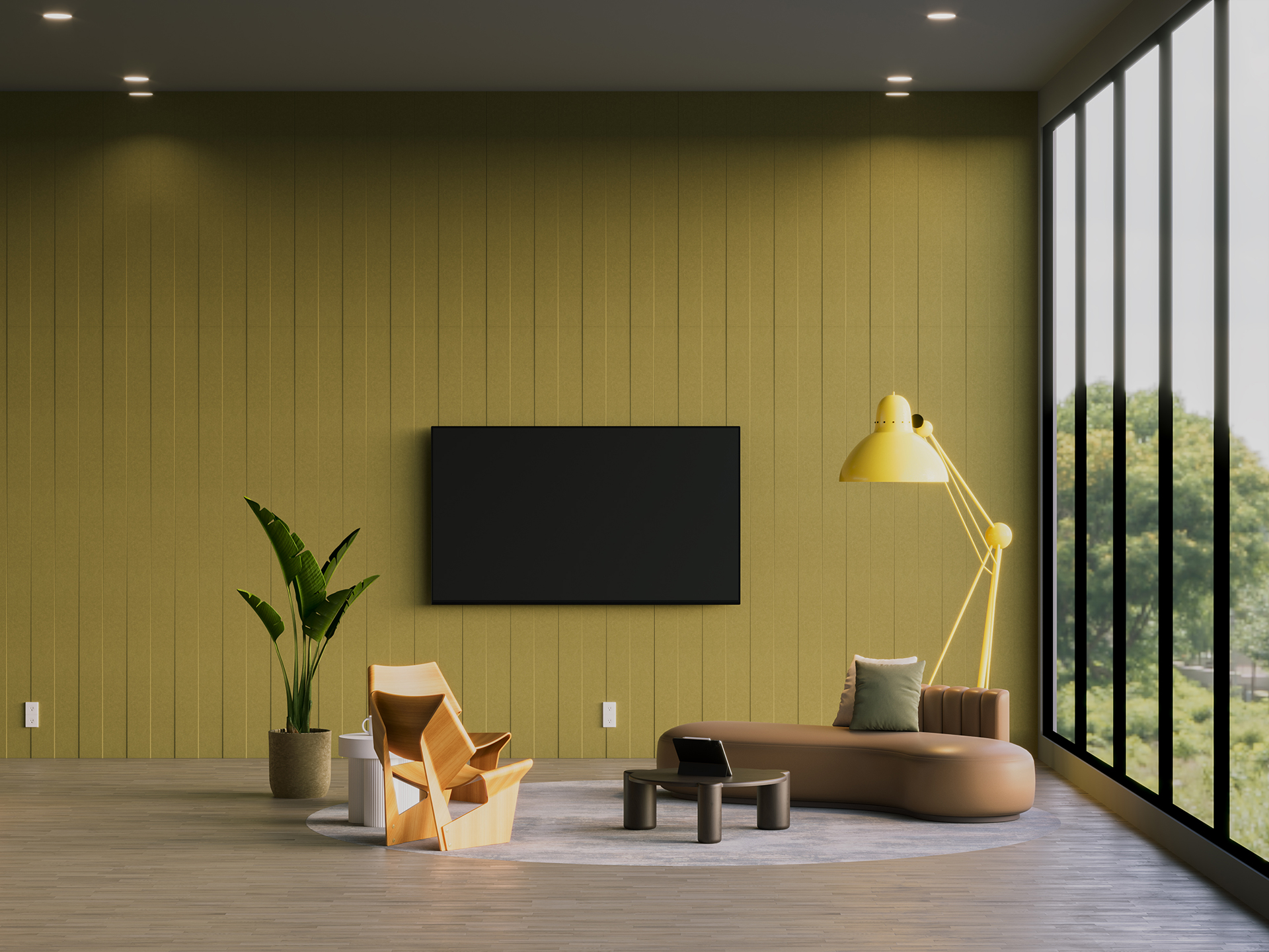 A modern living room with a green acoustic felt accent wall, mounted TV, brown curved sofa, yellow floor lamp, wooden chair, coffee tables, potted plant, and large floor-to-ceiling windows showing greenery outside.