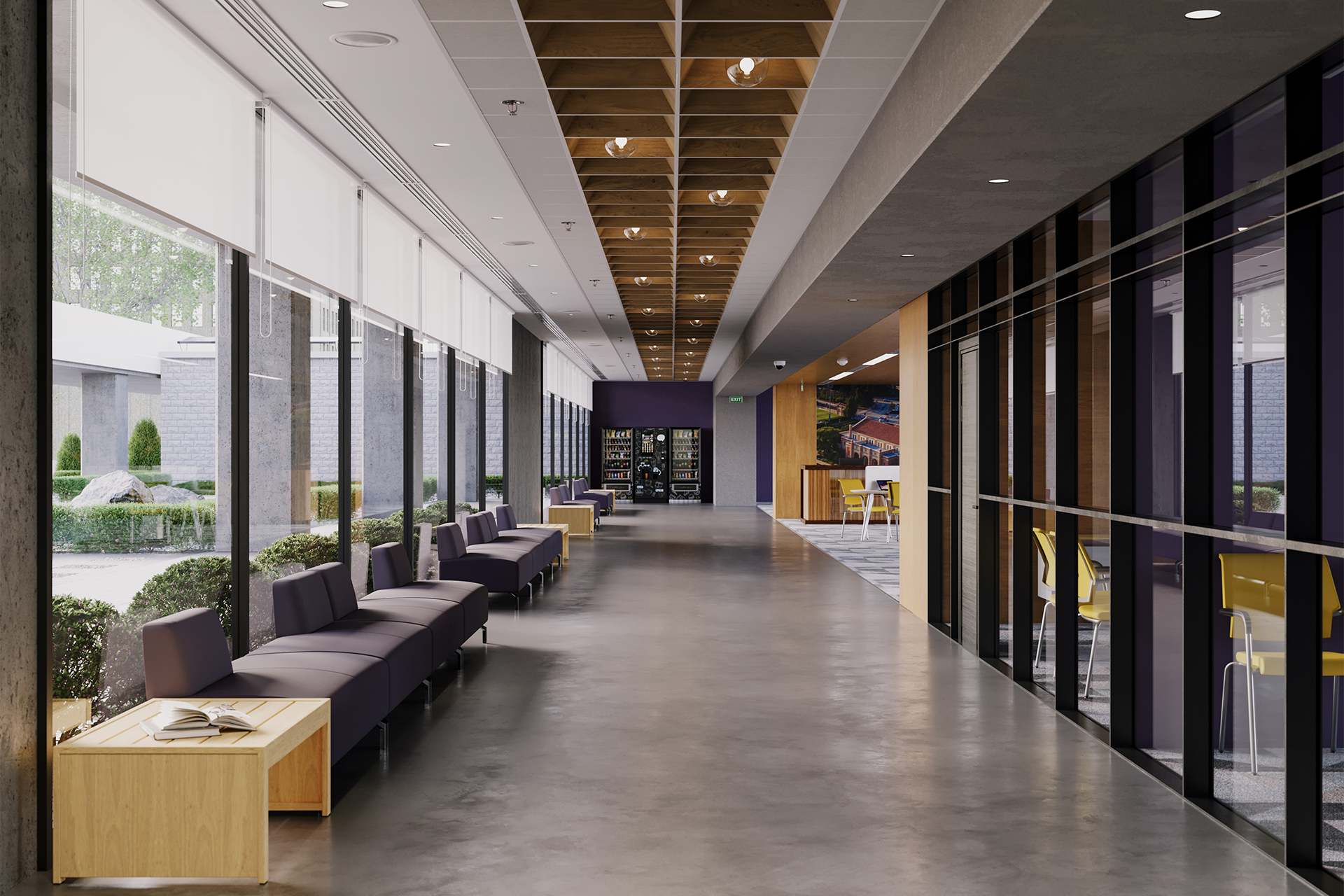 Modern indoor hallway with floor-to-ceiling windows on the left, purple cushioned seating and wooden tables, polished concrete floor, and a vending machine at the end. Acoustic felt tiles with woodgrain patterns line the ceiling. Outdoor greenery visible through the windows.
