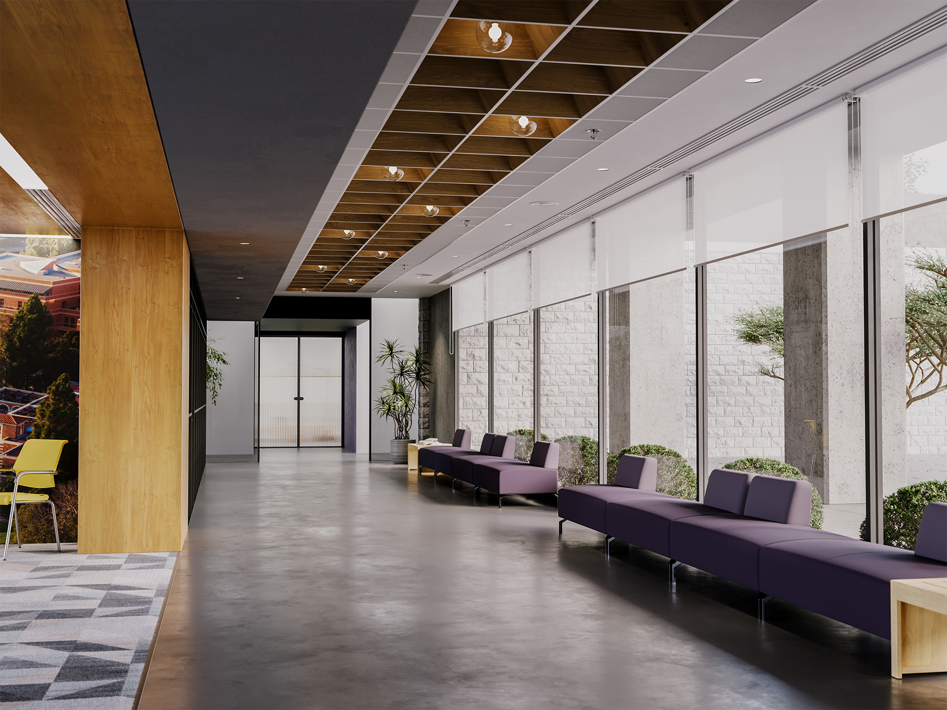 Modern lobby with large windows, purple seating along the wall, potted plants, and a polished concrete floor. Ceiling features acoustic felt woodgrain patterned tiles and recessed lighting. An empty area with natural light fills the space.