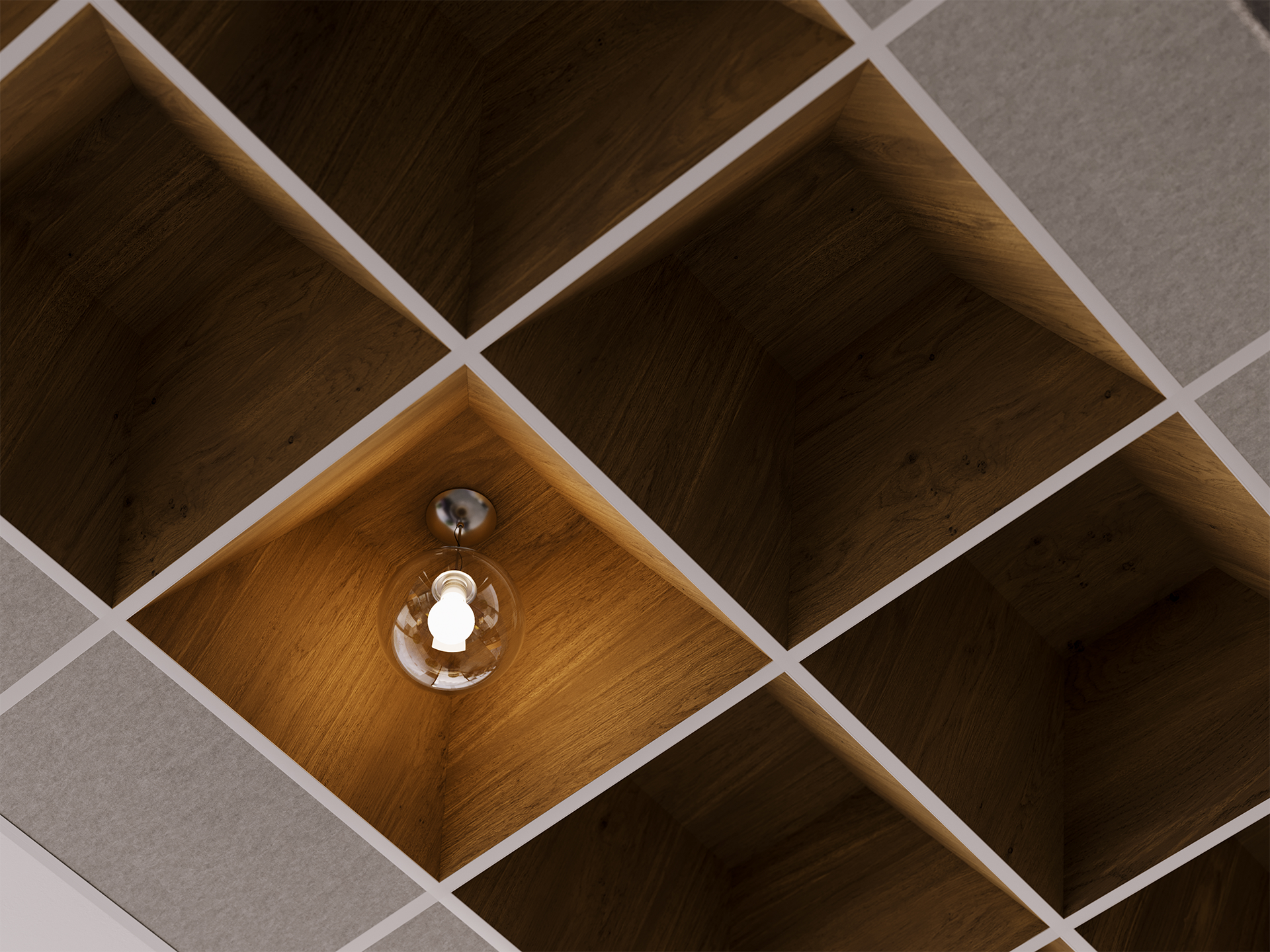 An acoustic felt ceiling grid with woodgrain patterned square panels; one section contains a lit exposed lightbulb, creating a warm glow among the darker wooden compartments.