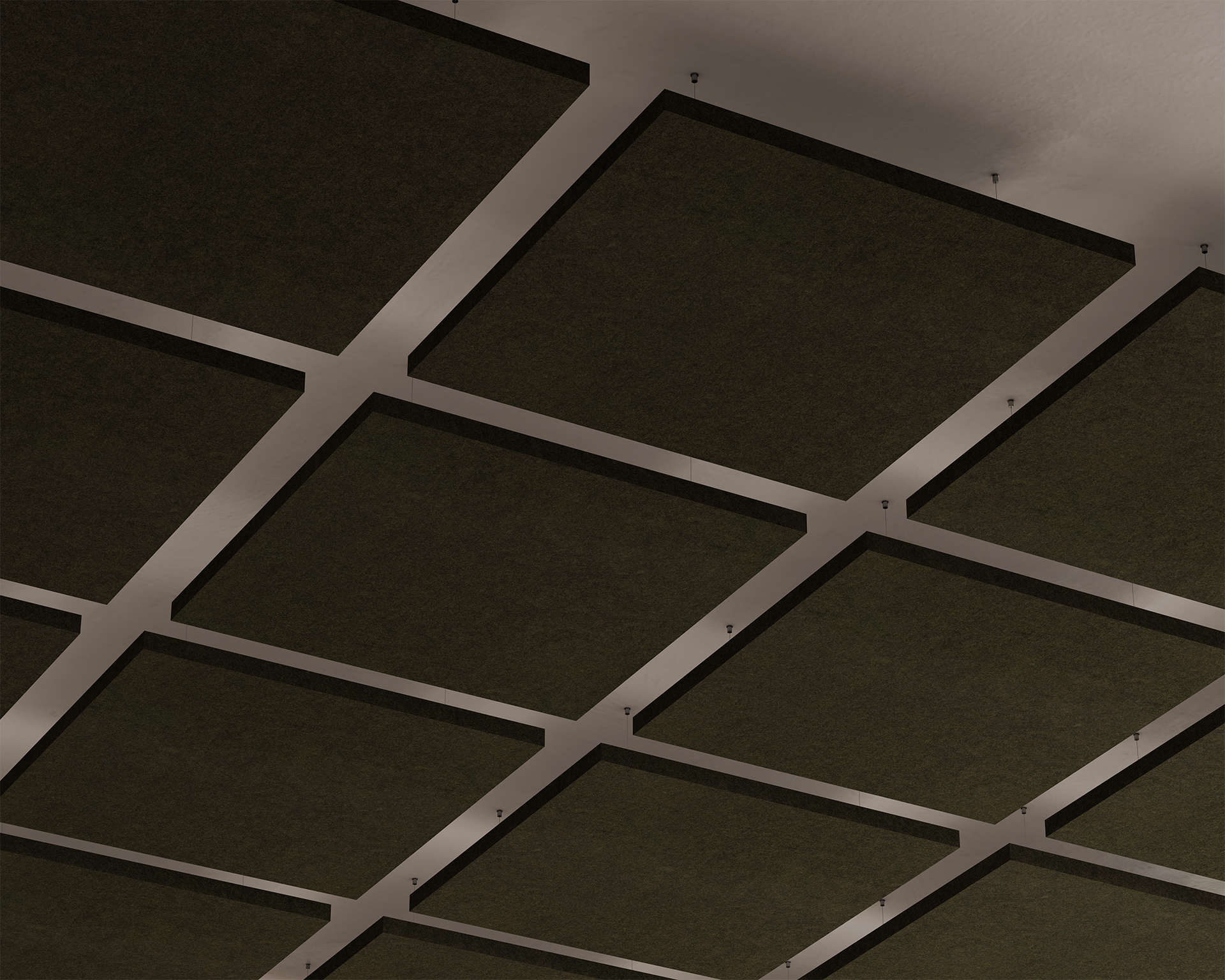 Dark square acoustic felt panels are suspended from a ceiling in a grid pattern with visible mounting hardware at each corner. The panels create a modern, geometric design.