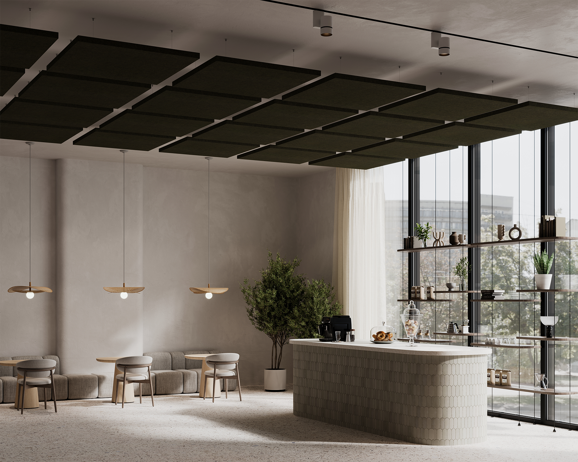 Modern café interior with neutral tones, a tiled counter, and minimalist seating. Large windows let in natural light, and shelves with plants and décor line the wall. Acoustic felt panels hang from the ceiling.