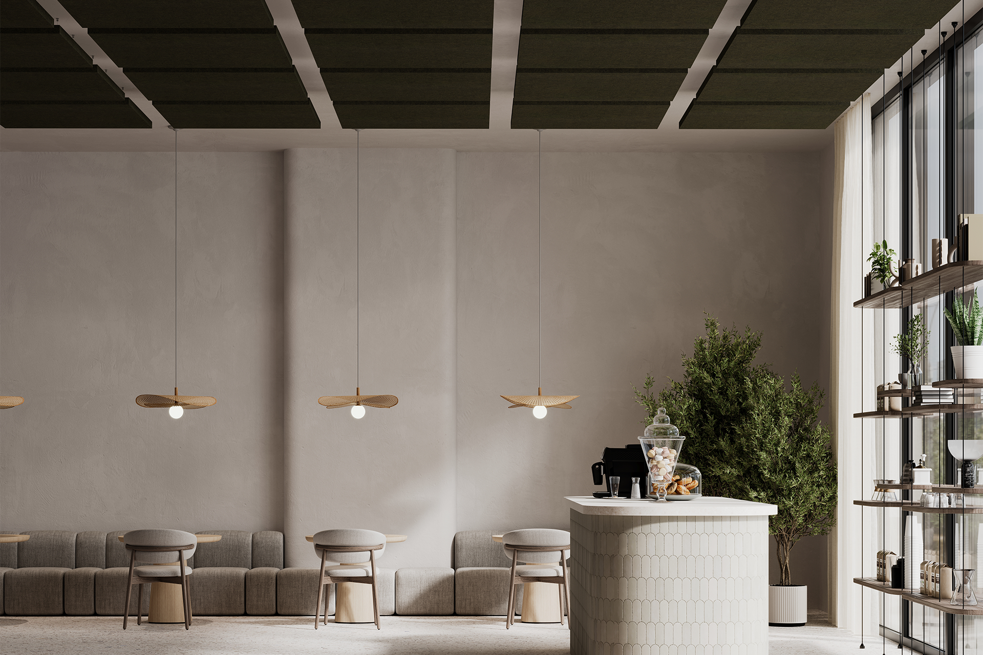 A modern, minimalist cafe interior with neutral tones, pendant lights, acoustic felt ceiling clouds, a small counter with a glass jar, built-in seating along the wall, large windows, potted plants, and shelves displaying decor and greenery.