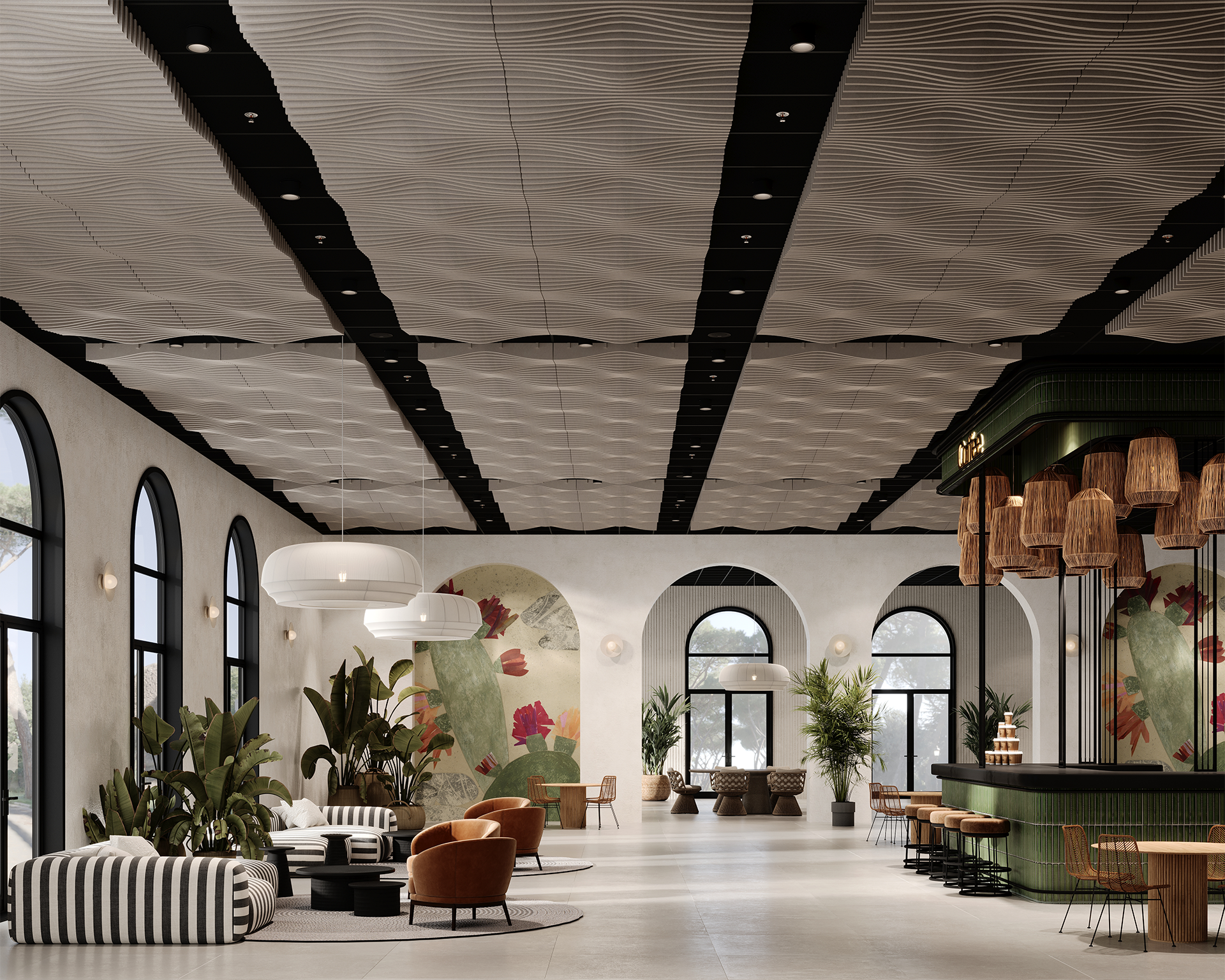 A spacious, modern lounge with high acoustic felt wavy ceilings, arched windows, indoor plants, round sofas, and a stylish bar with tall stools and wicker lamps. Large floral murals decorate the walls, creating a vibrant atmosphere.