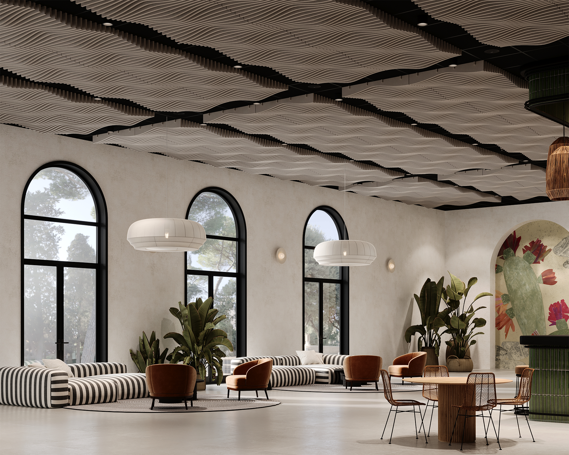 A spacious, modern lounge area with arched windows, striped sofas, brown chairs, green plants, round wooden tables, and decorative lighting. The ceiling has wavy acoustic felt pattern.