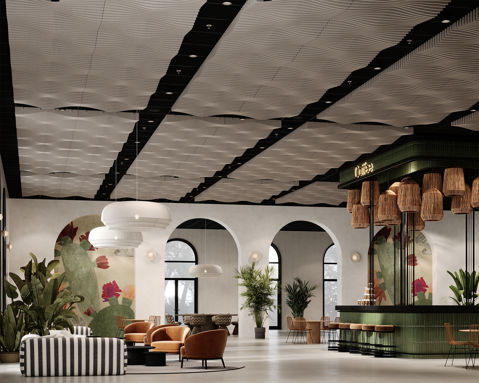 Modern hotel lobby with stylish furniture, large potted plants, arched windows, and a green-tiled bar area with woven pendant lights. Curved sofas and armchairs are arranged on white floors beneath an acoustic felt textured ceiling.