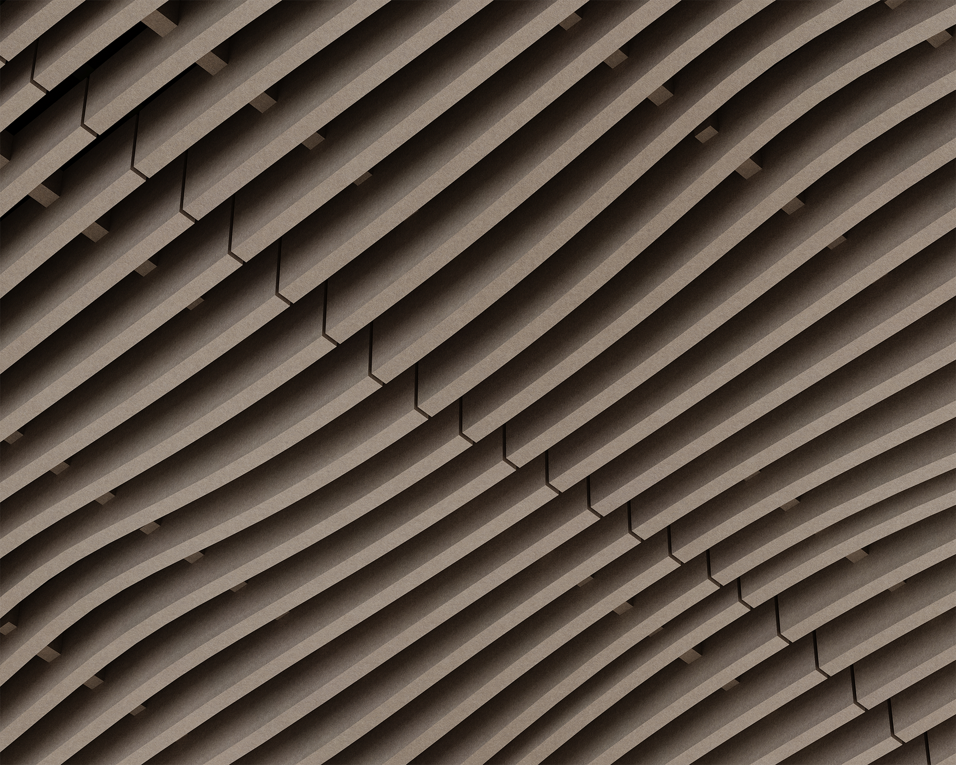 Wavy, parallel acoustic felt slats create an abstract, undulating pattern on a ceiling, casting soft shadows and giving a sense of depth and movement.