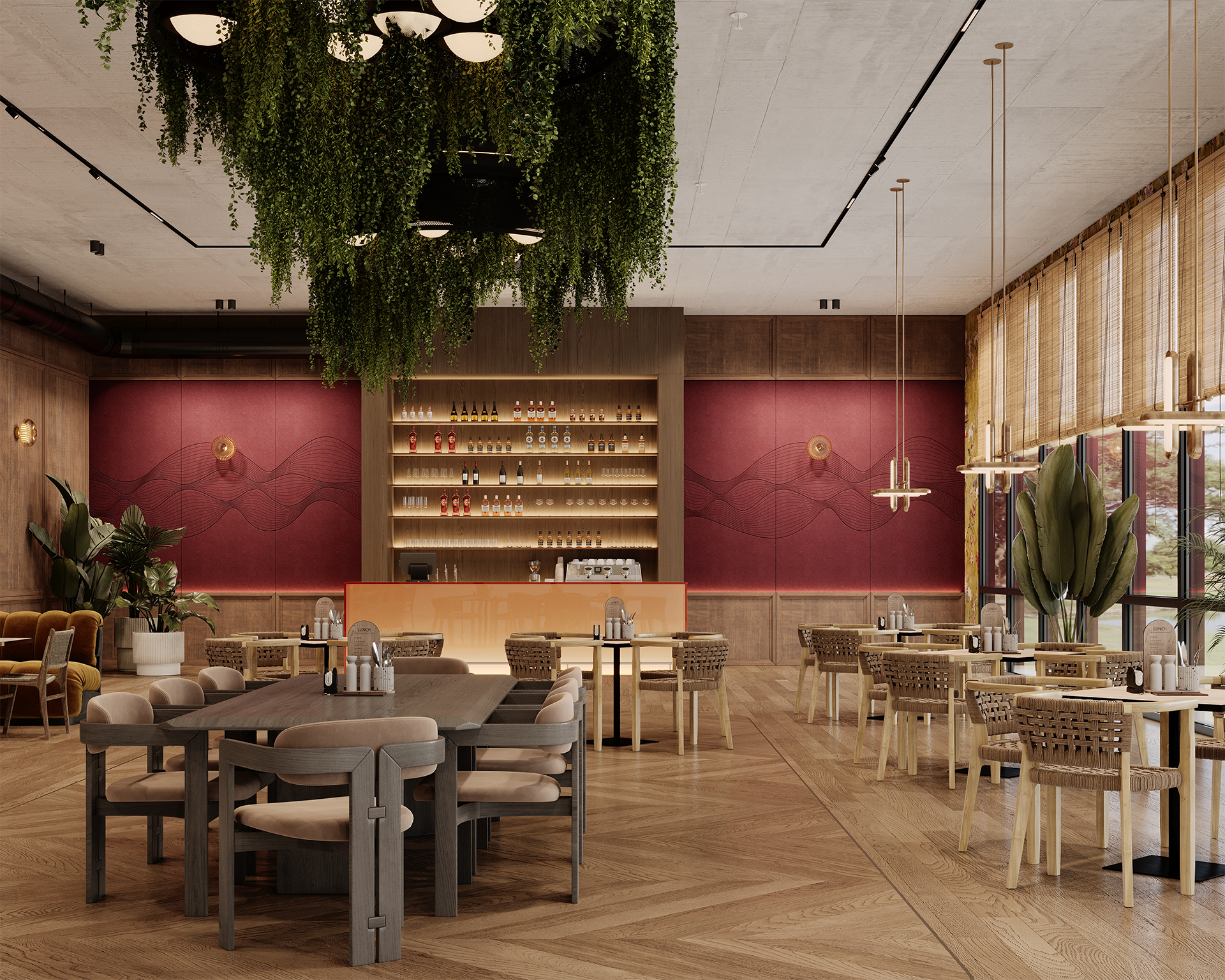 Modern restaurant with wooden tables and chairs, large hanging greenery, a bar with shelves of bottles against an acoustic felt accent wall, and tall windows with natural light and woven blinds.