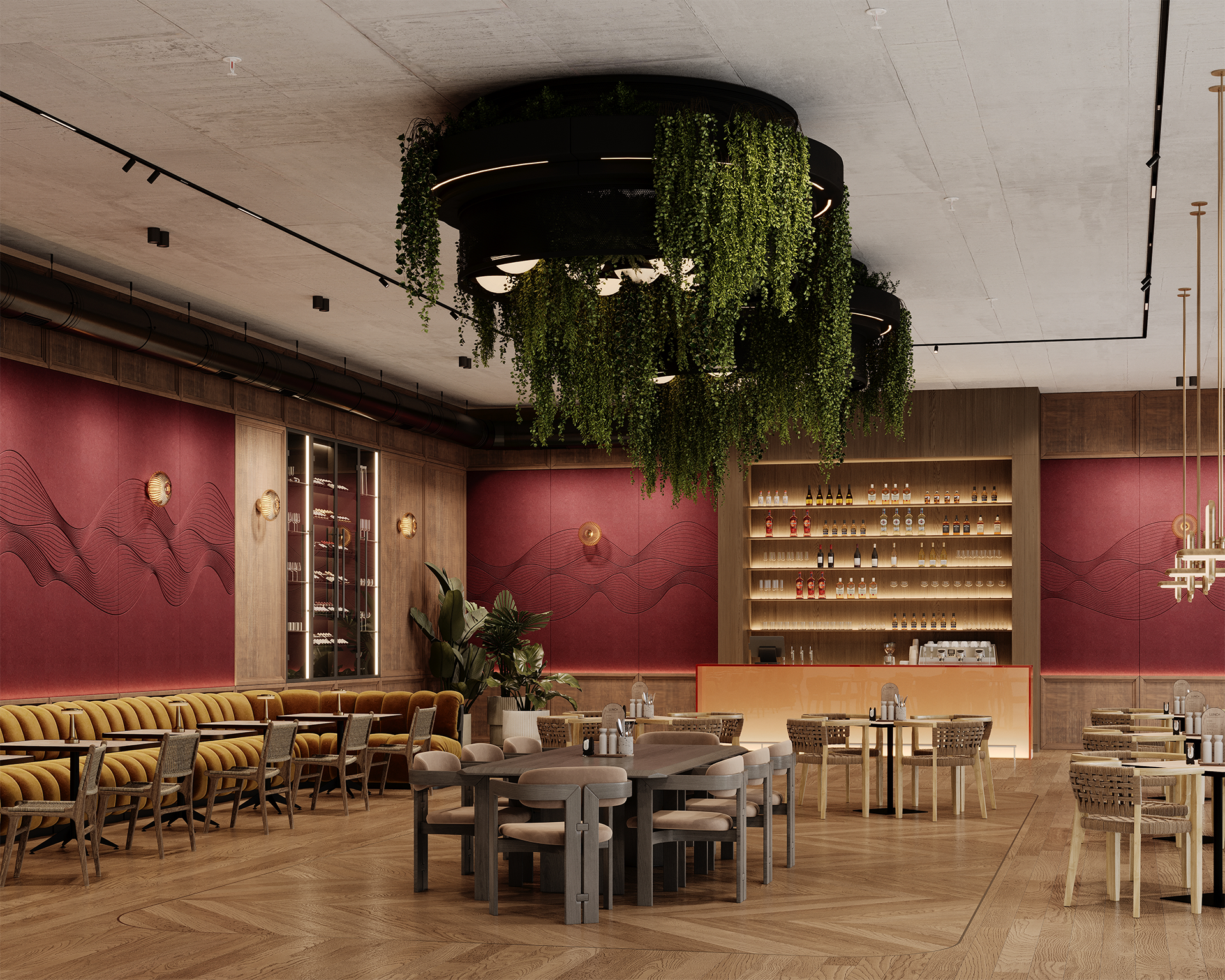 A stylish restaurant interior with acoustic felt walls, gold accents, a wooden bar, yellow upholstered seating, woven chairs, and a central ceiling fixture with cascading green plants. The space has a modern, elegant atmosphere.