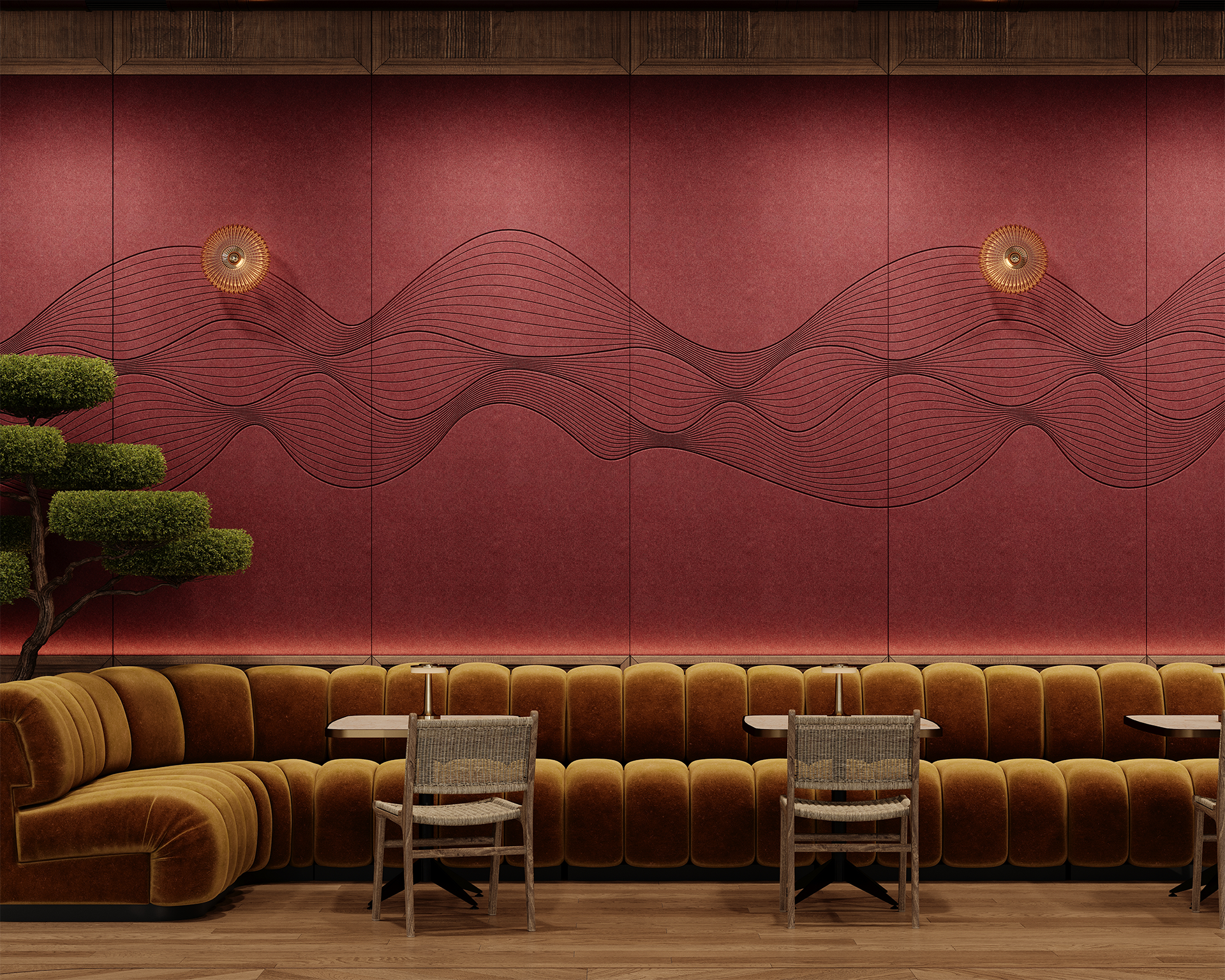 A room with a couch, tables, acoustic felt accent walls and a tree.