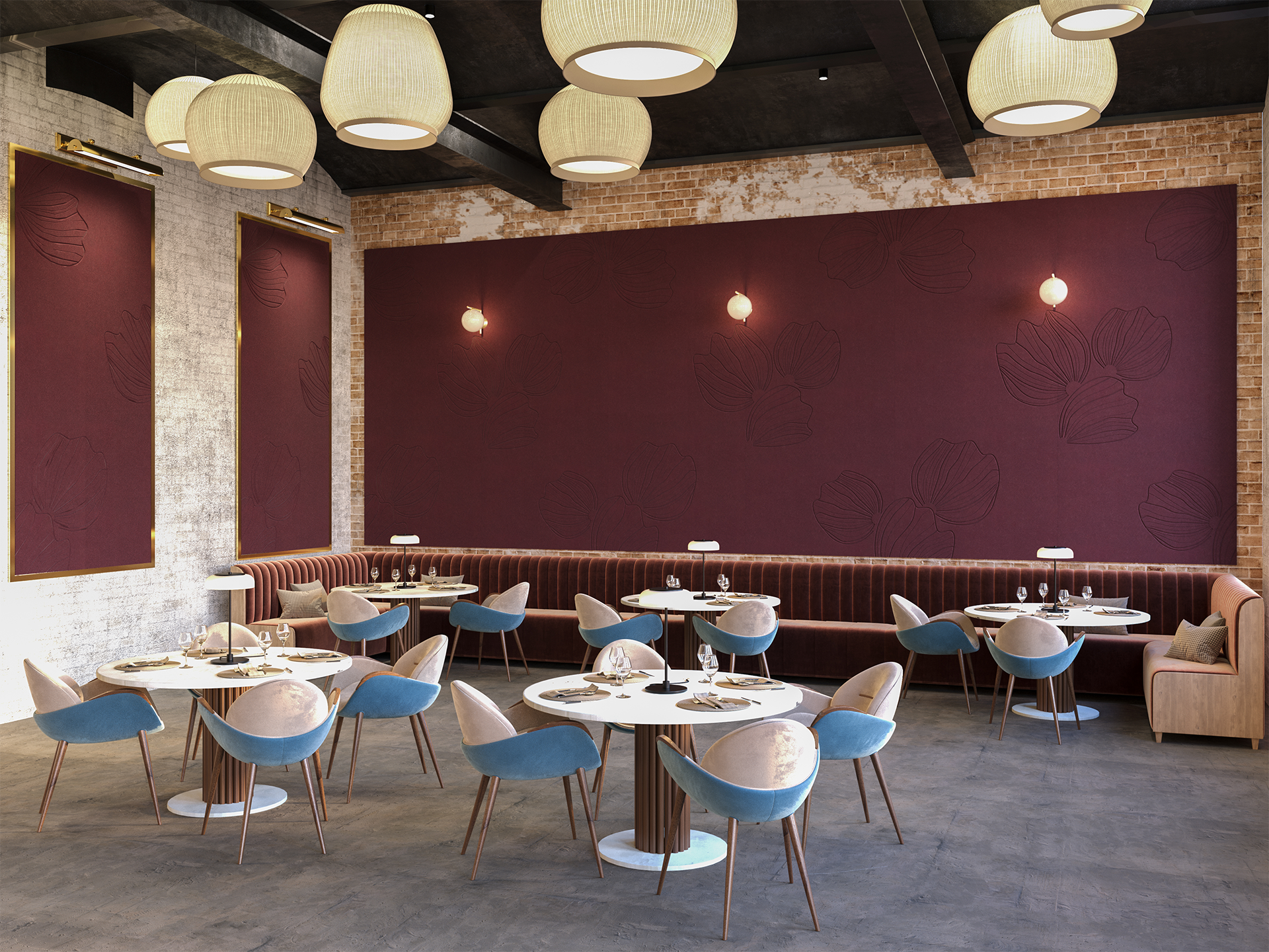 Modern restaurant interior with round tables, blue and beige chairs, a long upholstered bench, exposed brick walls, Loganberry acoustic felt wall panels, and contemporary pendant lighting hanging from a dark ceiling.