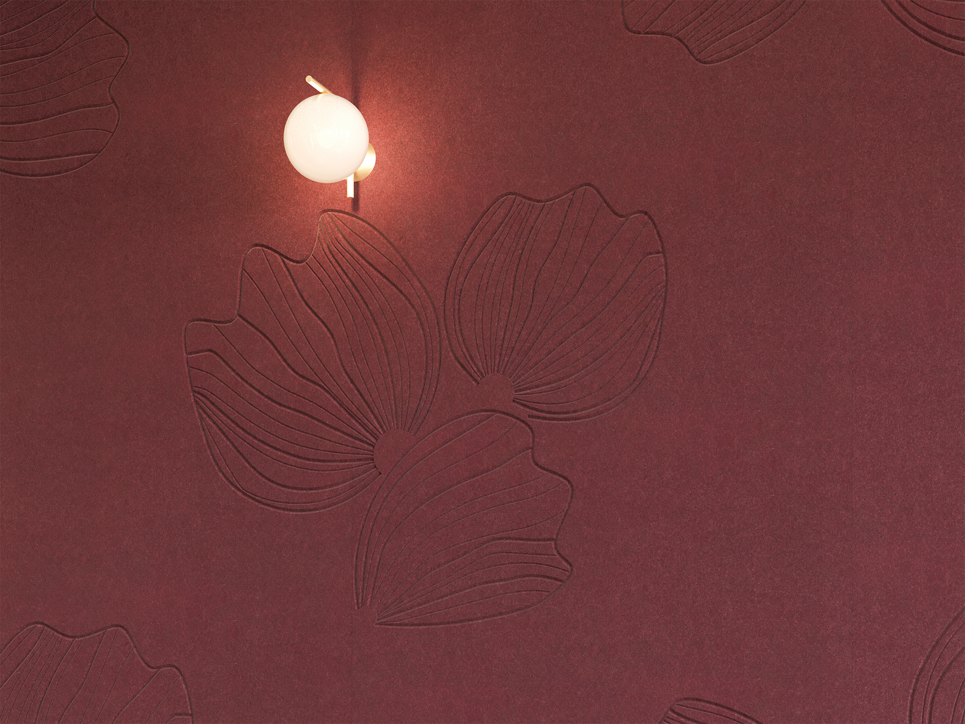 A round wall light glows softly on a Loganberry acoustic felt wall with embossed floral or leaf patterns, creating a textured and elegant look.