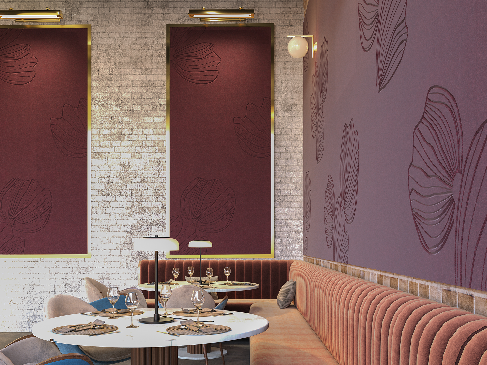 A modern restaurant interior with velvet seating, gold-rimmed tables set with glassware, brick walls, and large Loganberry acoustic felt panels featuring abstract floral designs. The lighting is soft and stylish.