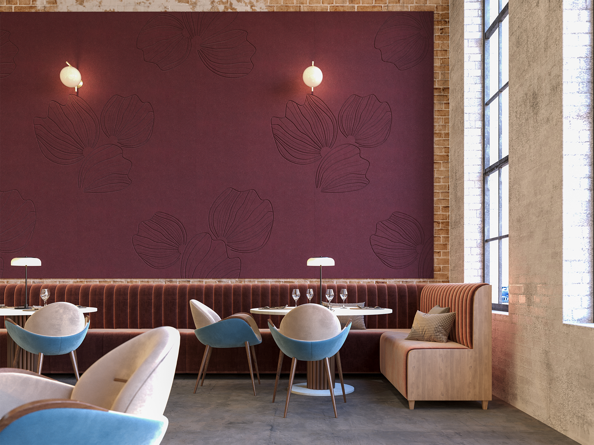 A modern restaurant interior with velvet chairs, round tables set with glasses, a long Loganberry acoustic felt banquette, decorative wall lights, large windows, and a maroon feature wall with subtle floral patterns.