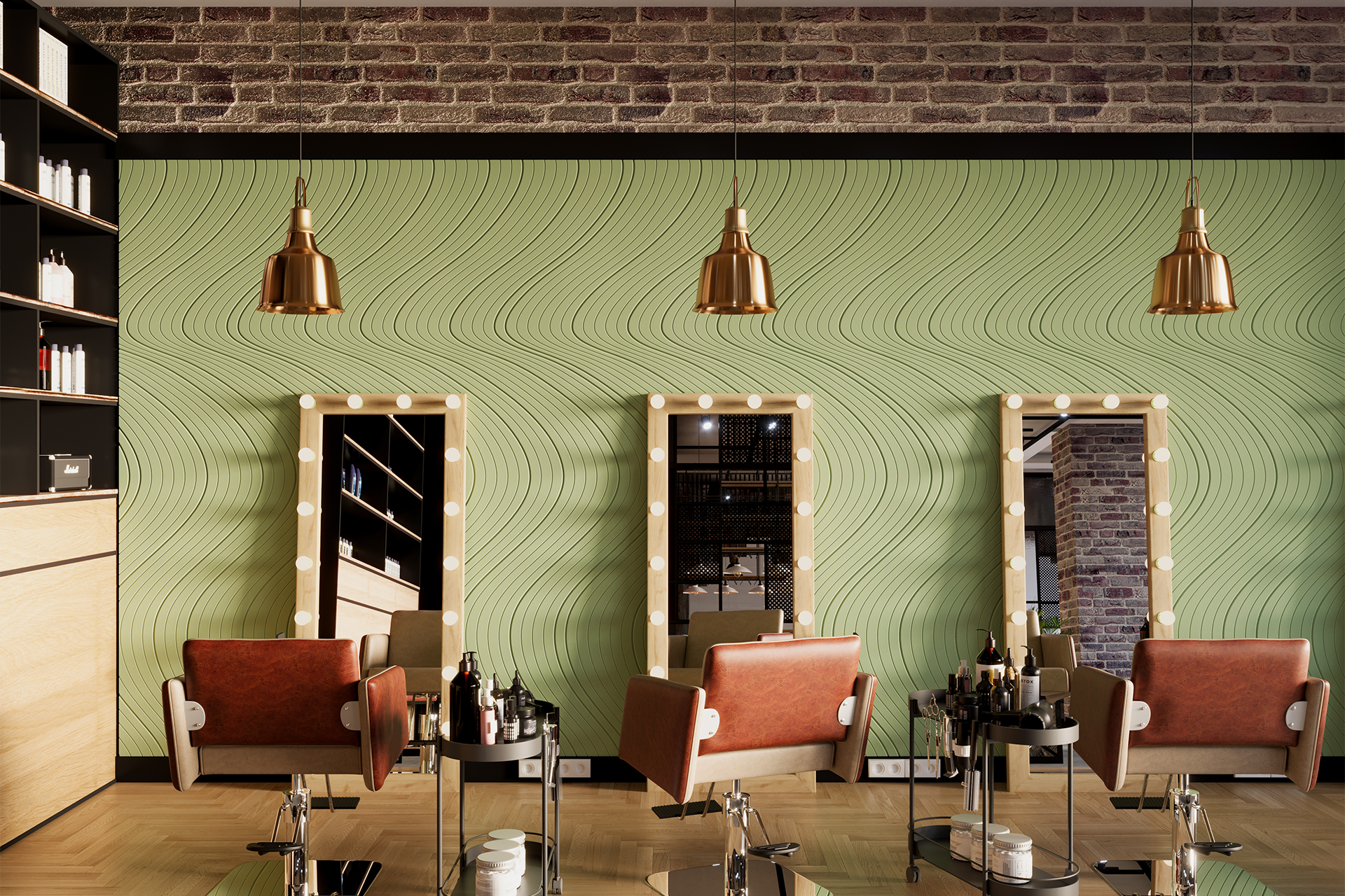 A modern hair salon with three brown styling chairs facing mirrors framed by lights, green acoustic felt wall, hanging copper lamps, and shelves with hair products.