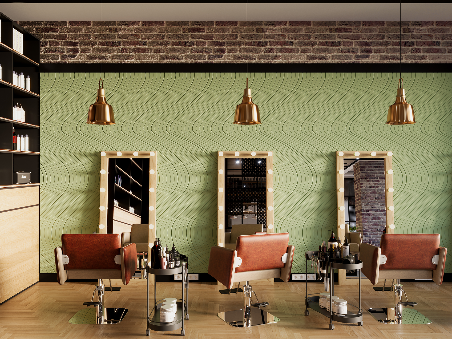 A modern hair salon with three brown styling chairs facing mirrors framed by lights, green acoustic felt wall, hanging copper lamps, and shelves with hair products.