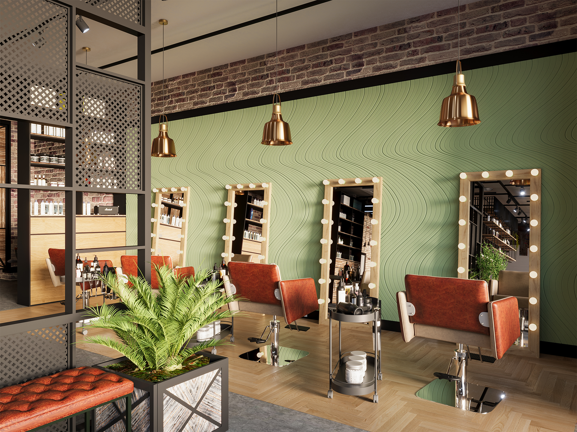 Modern hair salon with red-orange chairs in front of large mirrors framed by light bulbs, green acoustic felt wall, wooden floors, potted plants, and gold pendant lights hanging from the ceiling.