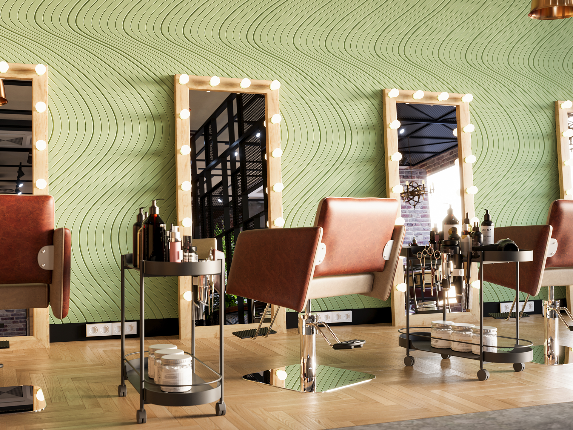 Modern hair salon with brown leather chairs, large mirrors framed by vanity lights, and rolling carts holding hair products and tools, set against a green acoustic felt wall with wavy patterns and parquet flooring.