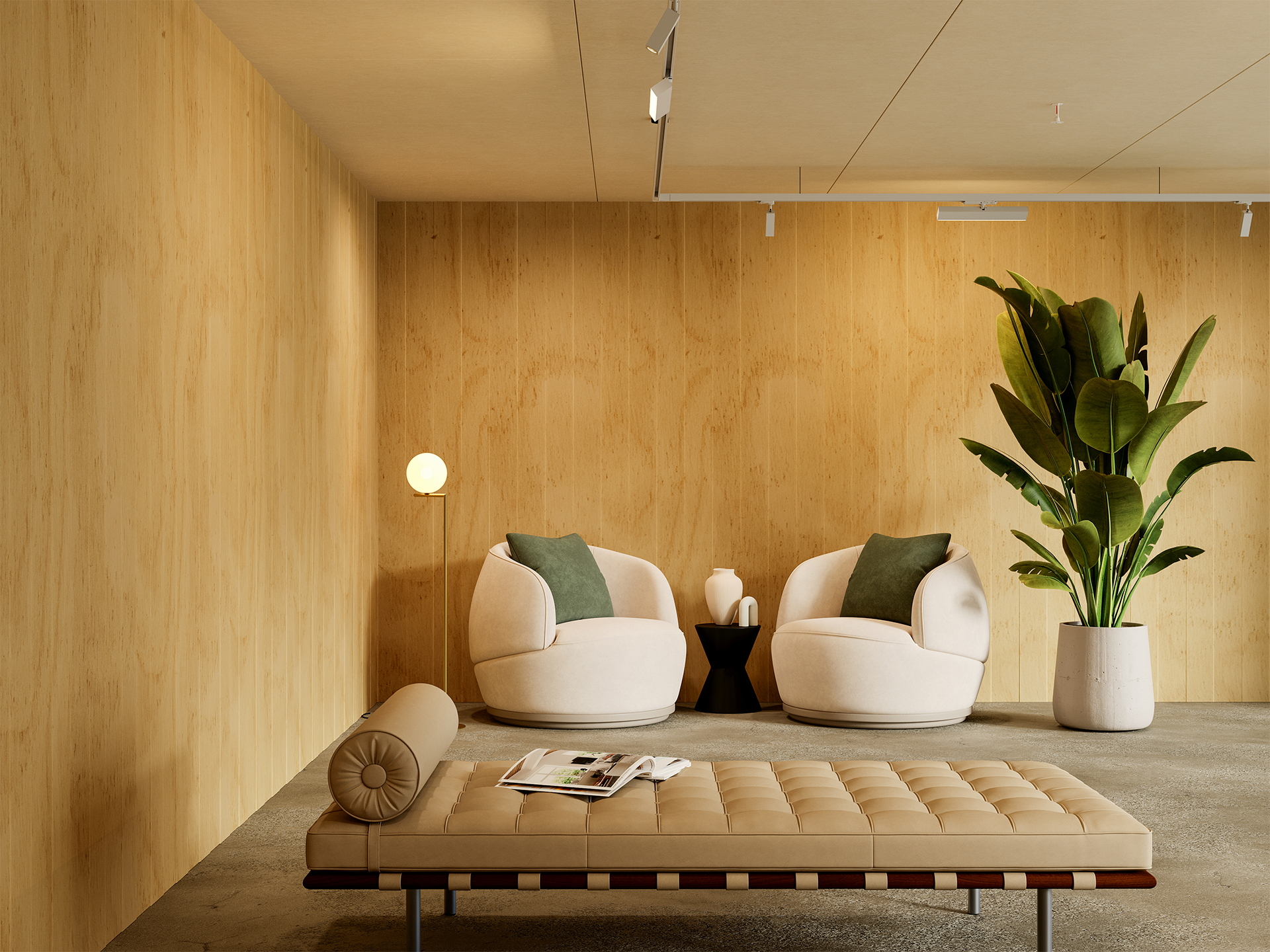 Minimalist living room with light acoustic felt wood walls, two round white chairs with green pillows, a small black table with a vase, a potted plant, a modern floor lamp, and a beige daybed with a magazine on it.