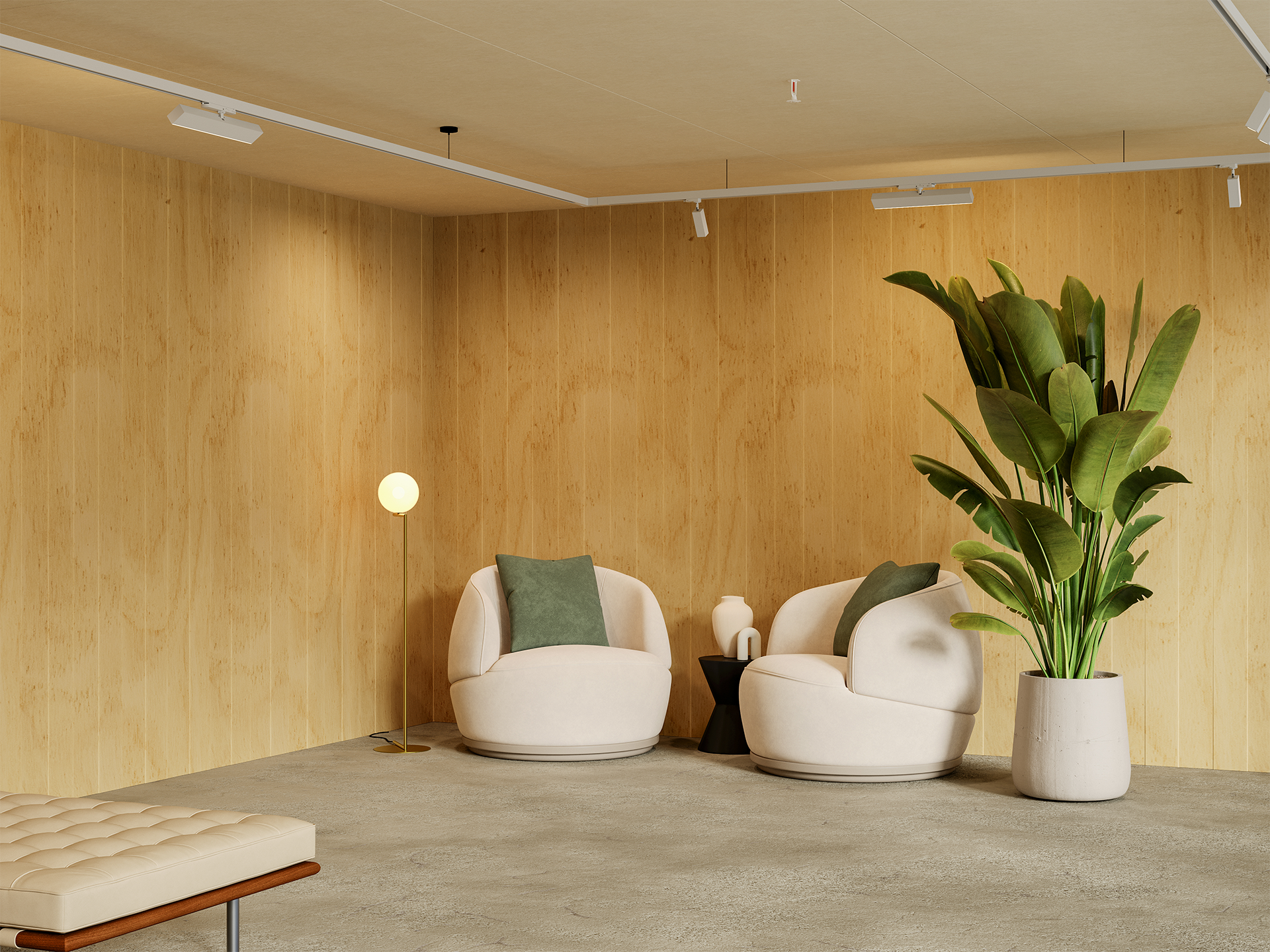 A modern lounge with two round white chairs, green cushions, a small black side table, a potted plant, a lamp with a round bulb, and light acoustic felt wood-paneled walls on a concrete floor.