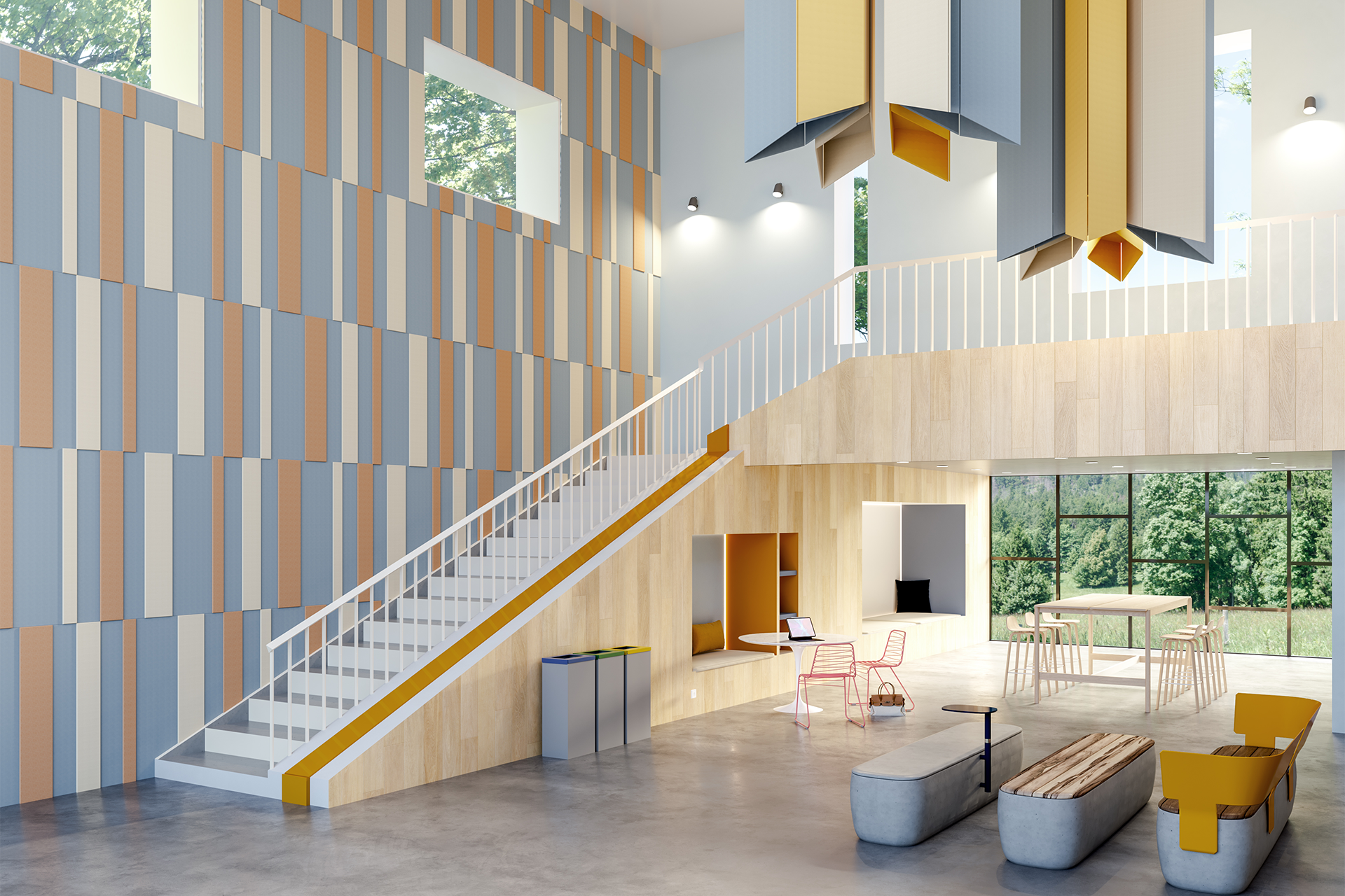 A modern, spacious interior with high ceilings, colorful acoustic wall panels, a white staircase, large windows, minimalist furniture, and geometric hanging decor. Natural light streams in, highlighting the open, airy design.