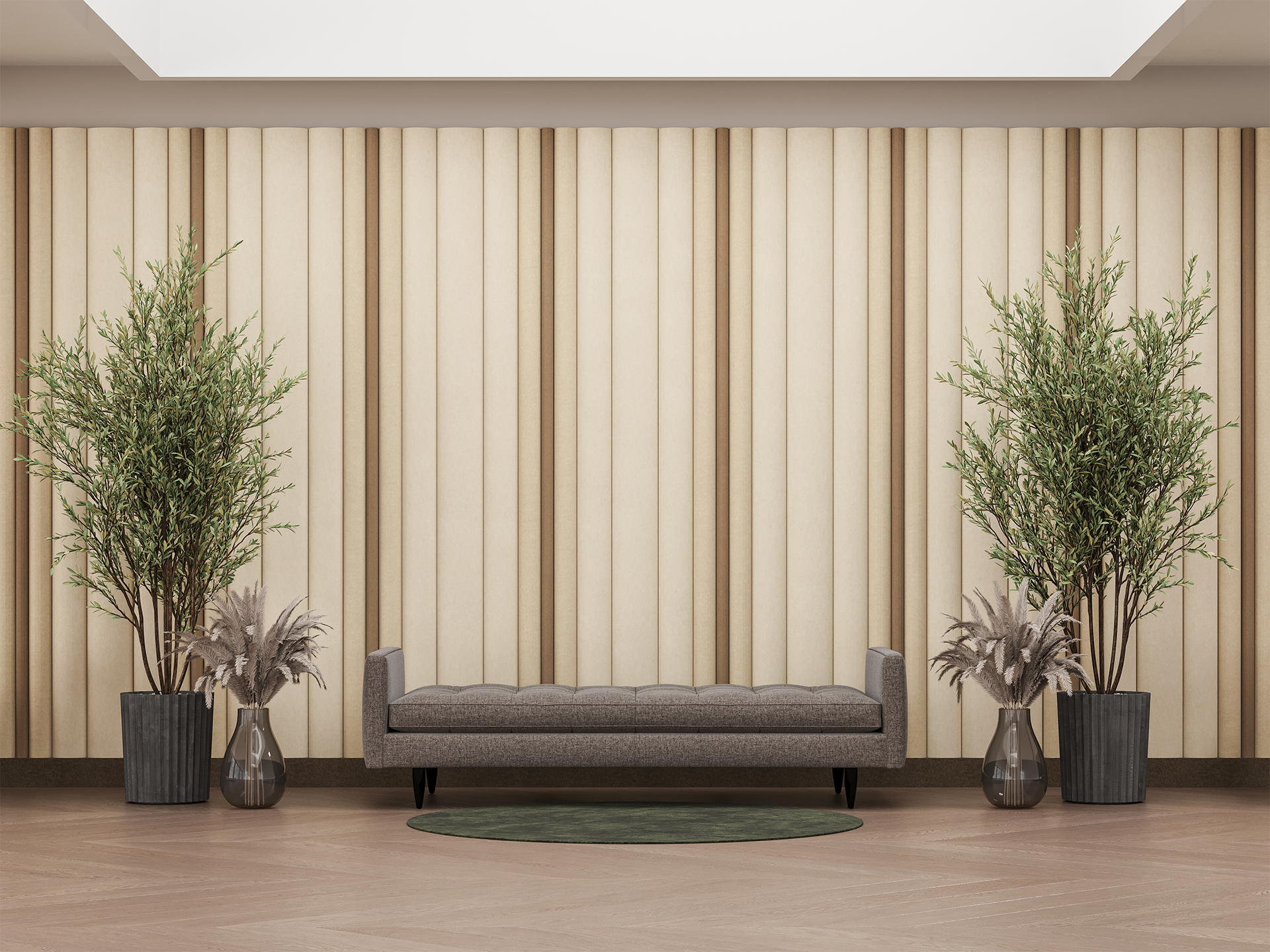Modern waiting area with gray sofas, large green potted plants, vases with dried grasses, wood flooring, and floor-to-ceiling windows. Beige vertical acoustic felt wall panels add a contemporary touch to the interior.