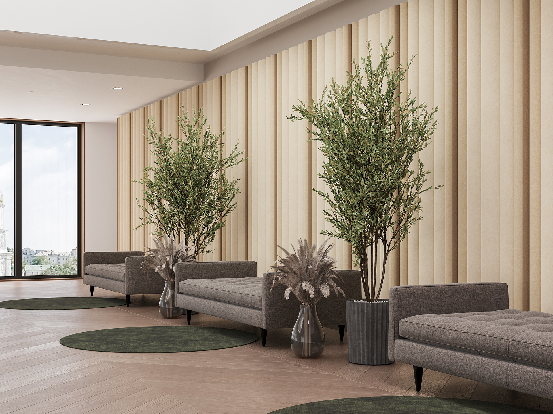 Modern waiting area with gray sofas, large green potted plants, vases with dried grasses, wood flooring, and floor-to-ceiling windows. Beige vertical acoustic felt wall panels add a contemporary touch to the interior.