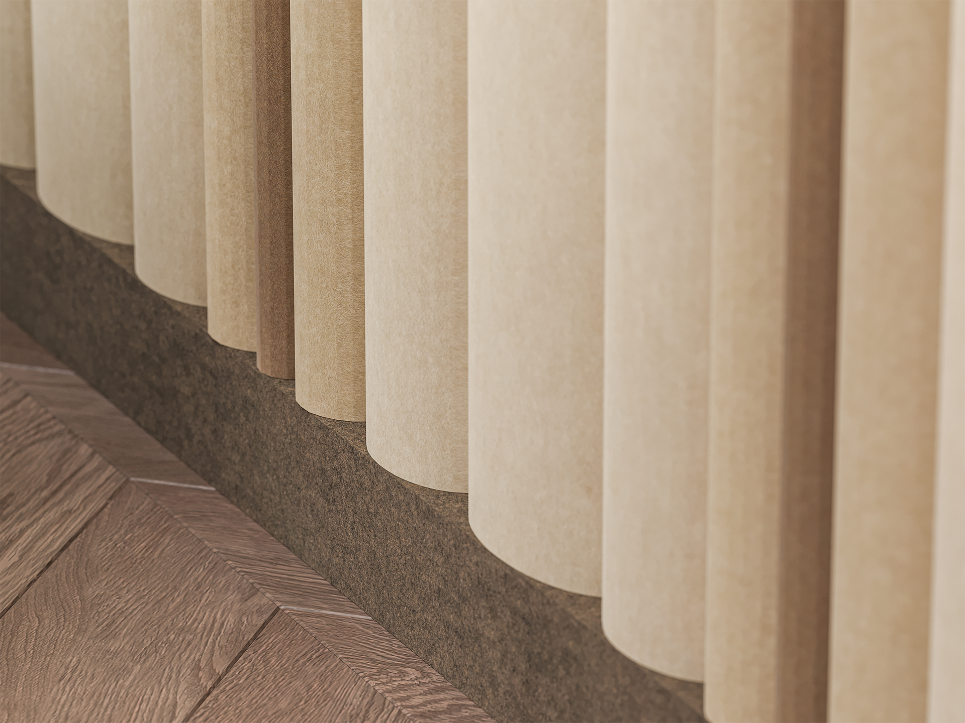 Beige vertical acoustic felt wall panels add a contemporary touch to the interior.