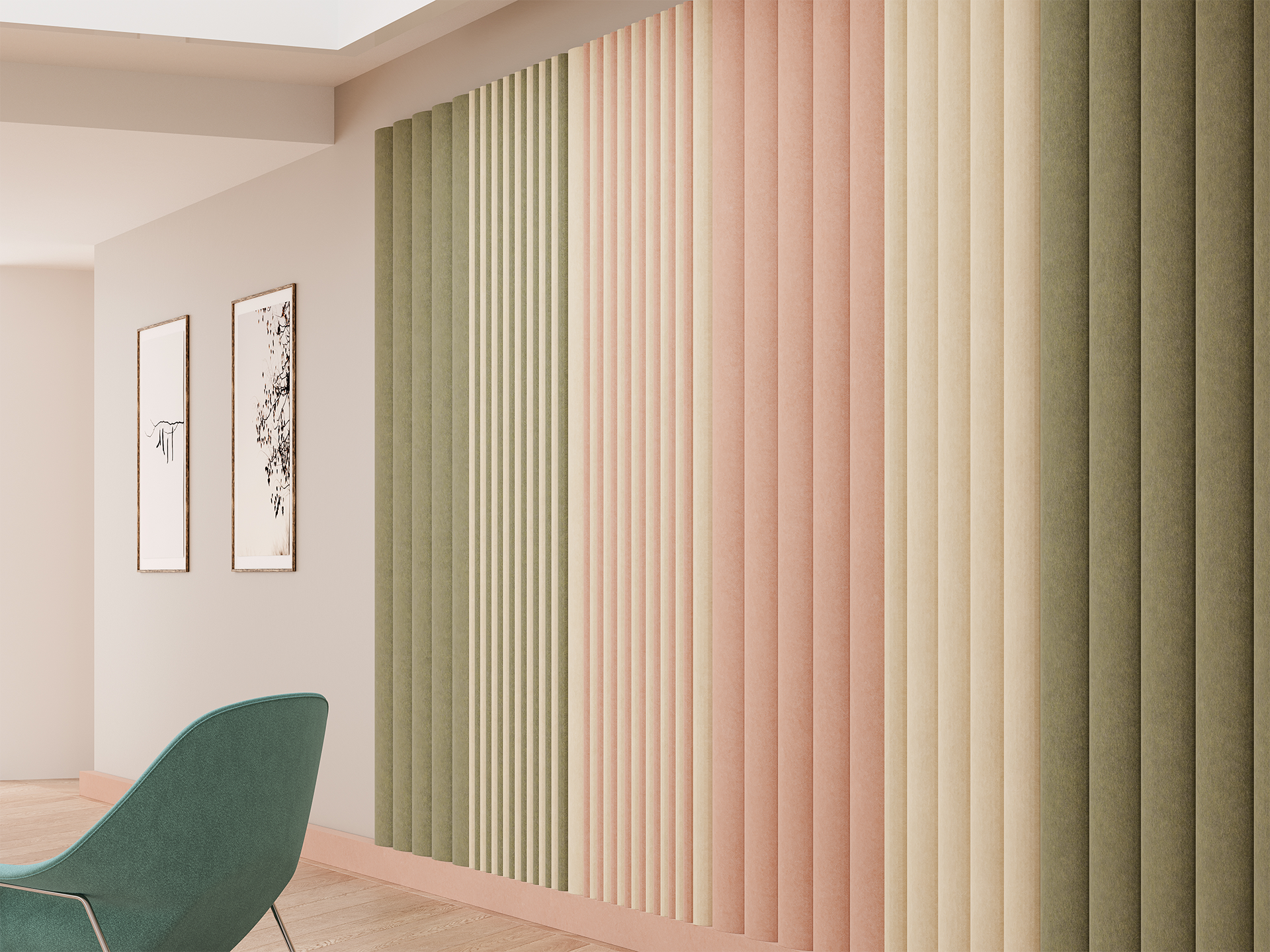 A modern room features a wall with vertical acoustic felt panels in green, pink, and beige tones. There are minimalistic framed wall art pieces and a green chair with wooden legs. The space is bright and stylish.